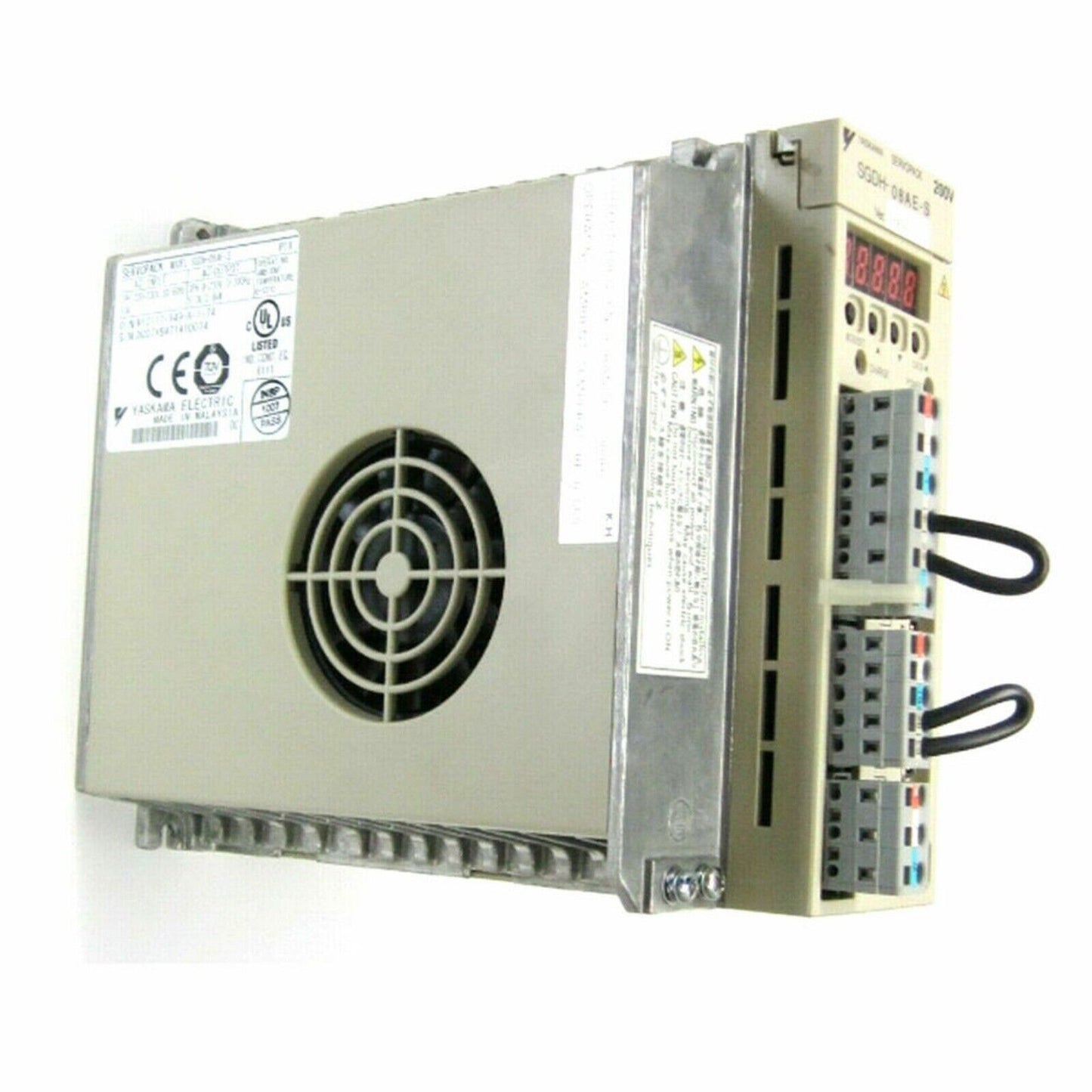 YASKAWA SGDH-08AE-S servo driver. Beige metal enclosure with fan, connectors, and display.