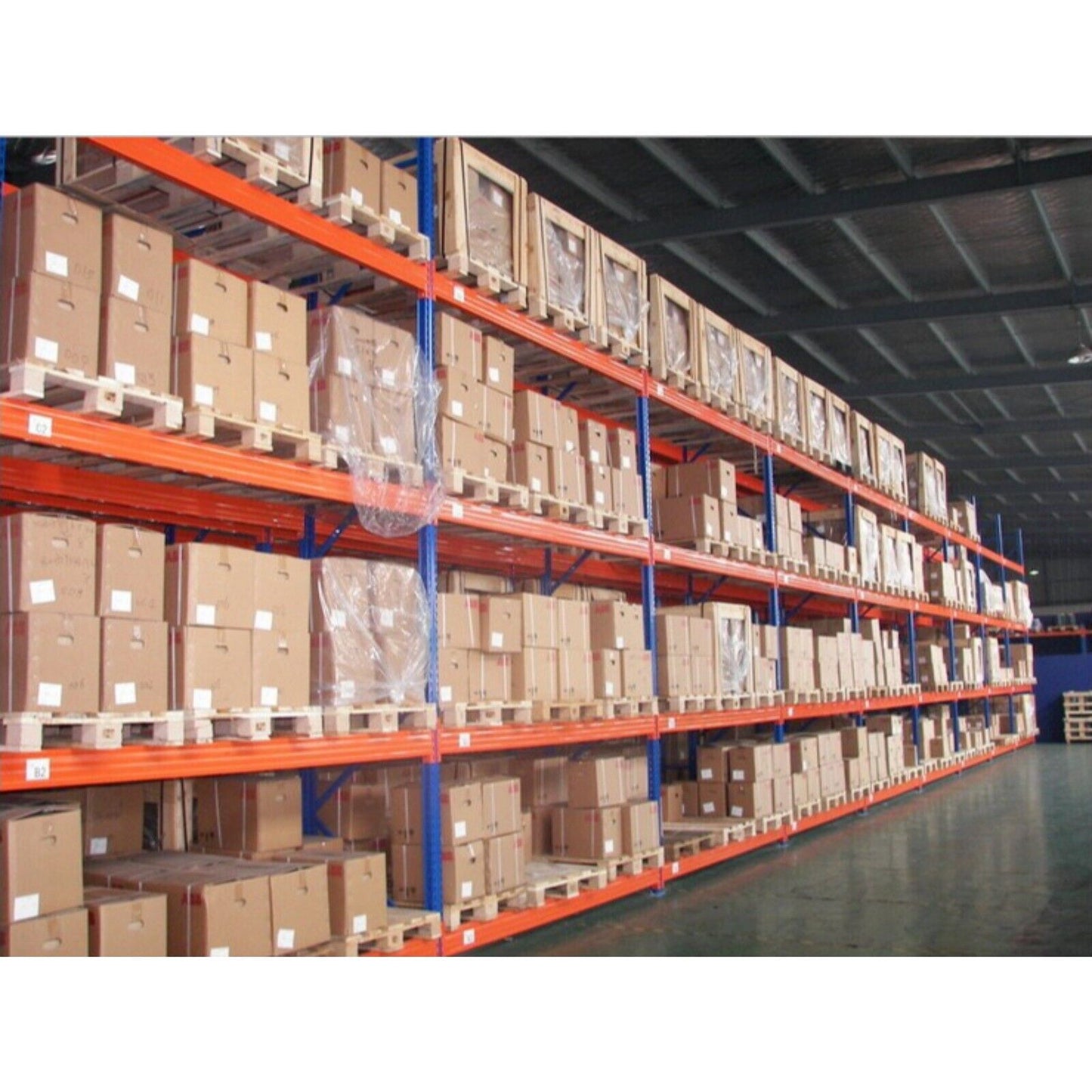 Warehouse storage of industrial automation parts, stocked shelves with boxes.