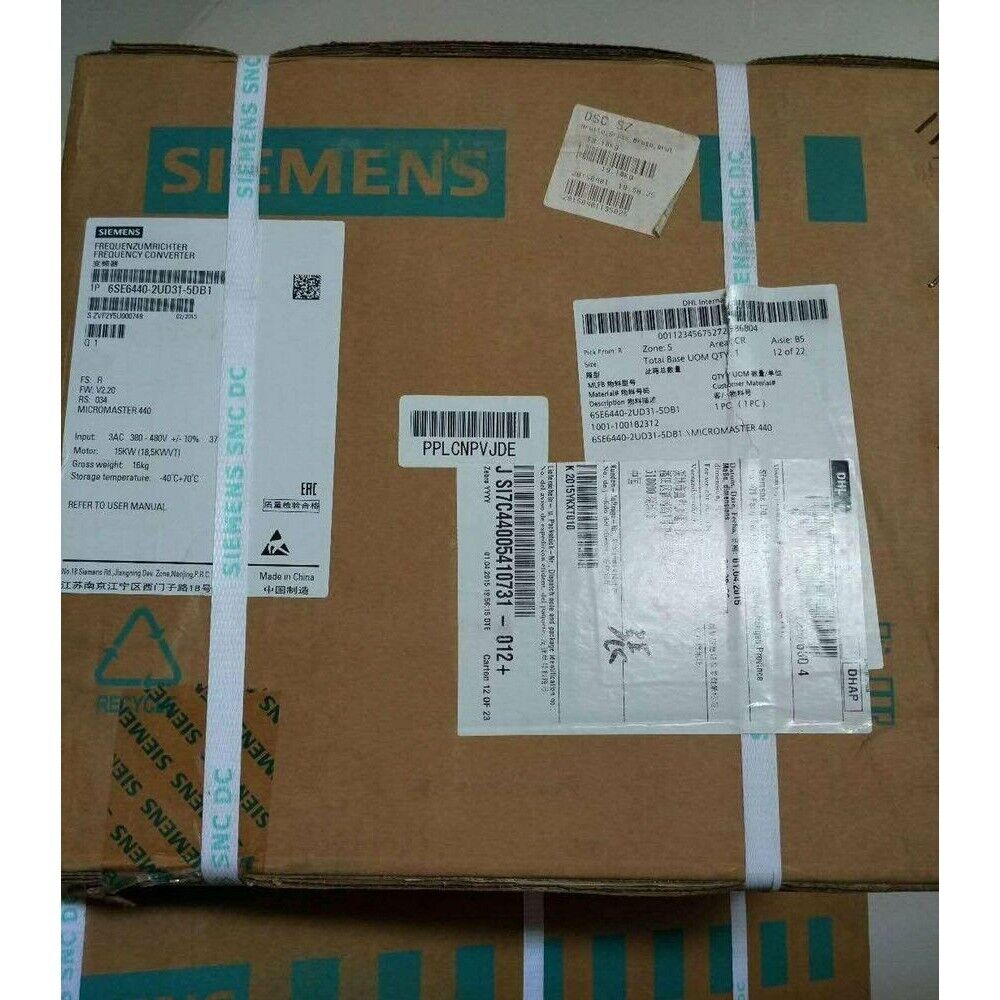 Siemens MICROMASTER 440 frequency converter box, model 6SE6440-2UD31-5DB1, industrial automation part, with shipping labels