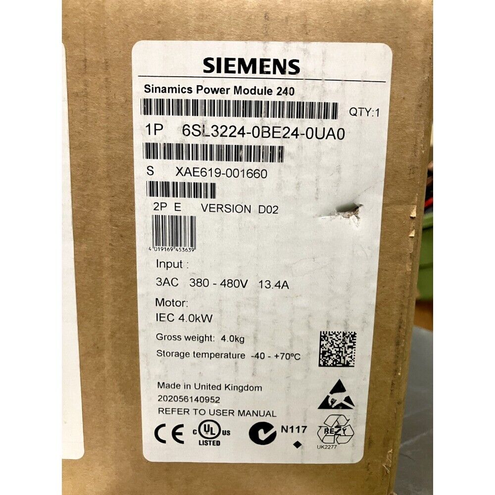 Siemens SINAMICS G120 PM240 Power Module 6SL3224-0BE24-0UA0 packaging with specifications.