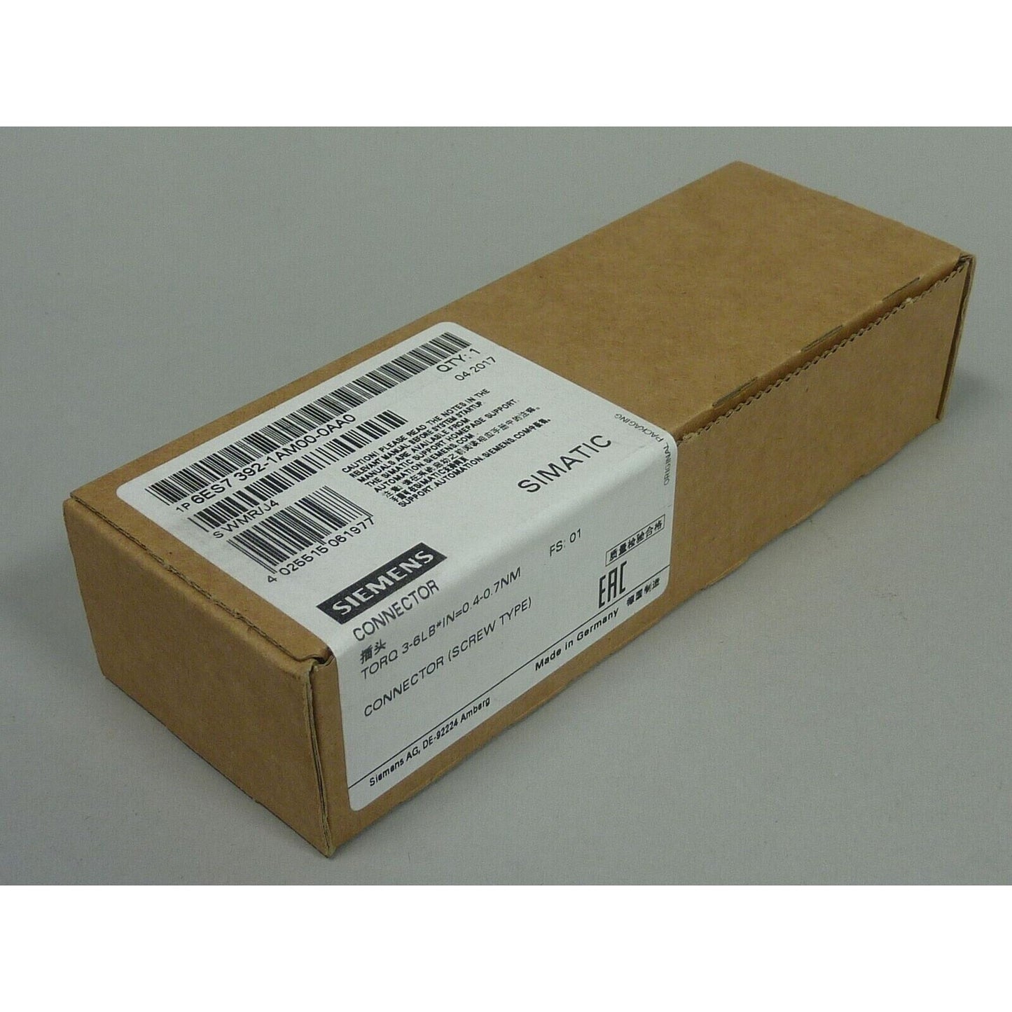 Siemens SIMATIC S7-300 front connector in packaging, part number 6ES7 392-1AM00-0AA0, industrial automation part.