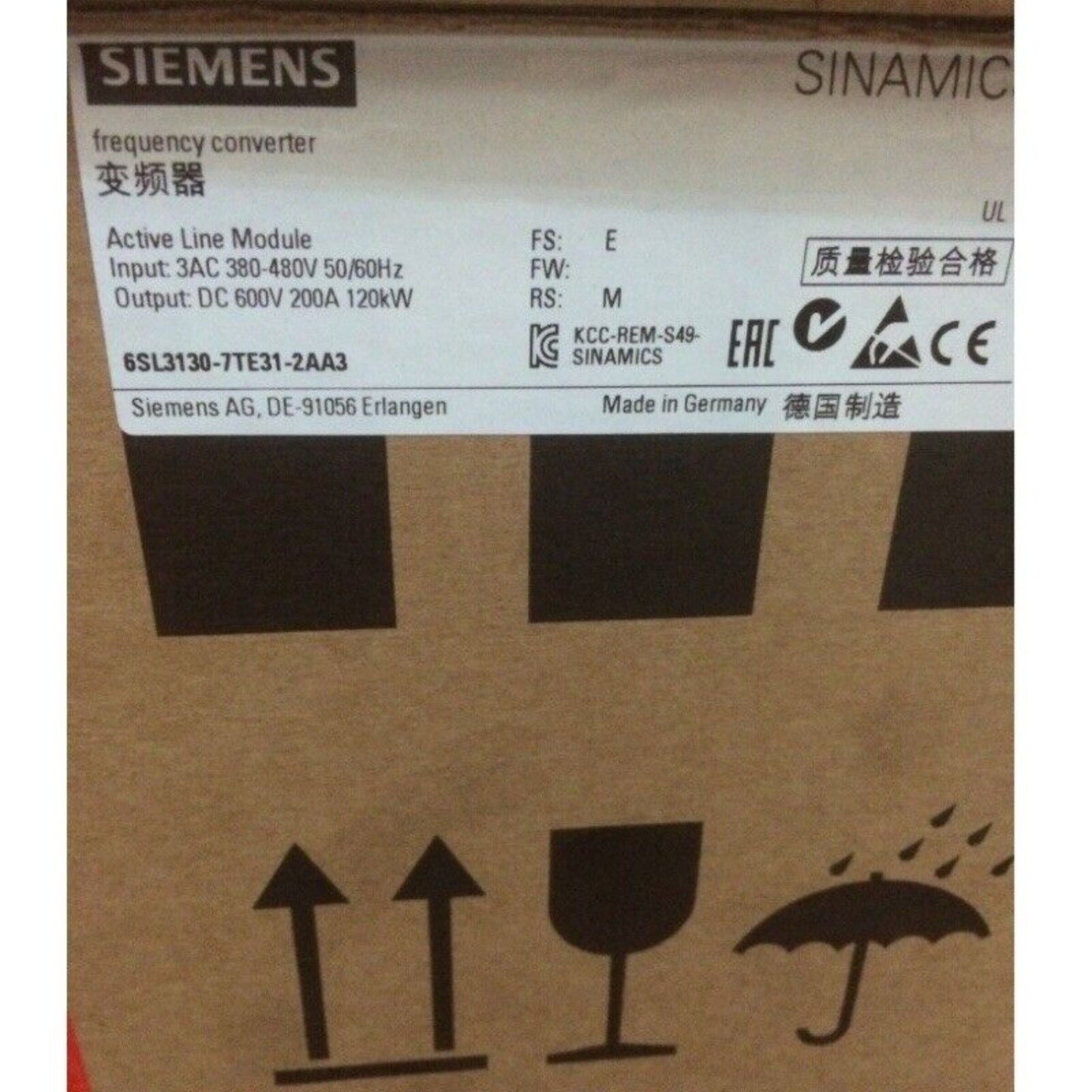 Siemens SINAMICS S120 6SL3130-7TE31-2AA3 frequency converter box, Made in Germany, industrial automation.