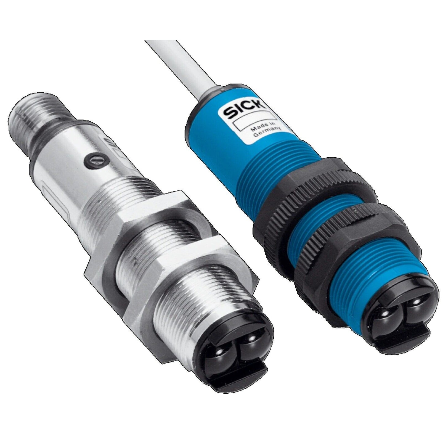 SICK VL18-4N3712 photoelectric sensor, features a metallic and blue plastic housing. Made in Germany.