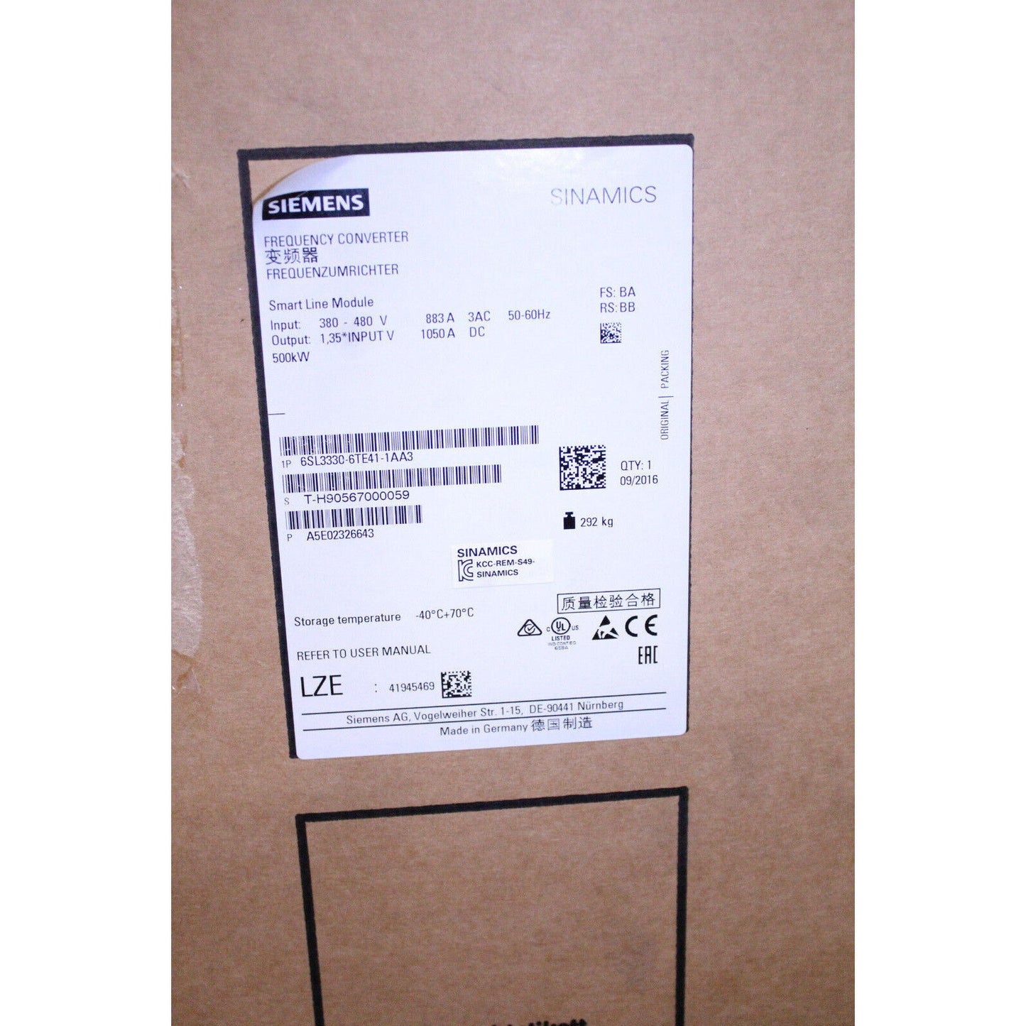 PLC | Siemens | 6SL3330-6TE41-1AA3 S120 RECTIFIER MODULE 6SL3 330-6TE41-1AA3