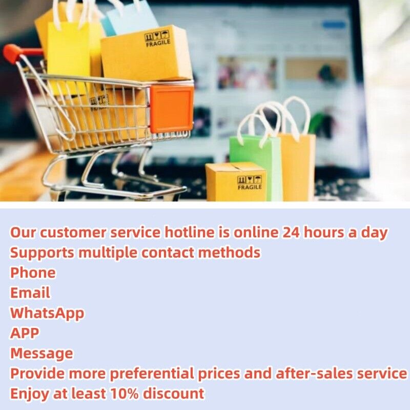 Online shopping cart with boxes and bags, customer service with quick response hotline, multiple contact methods, and discounts.