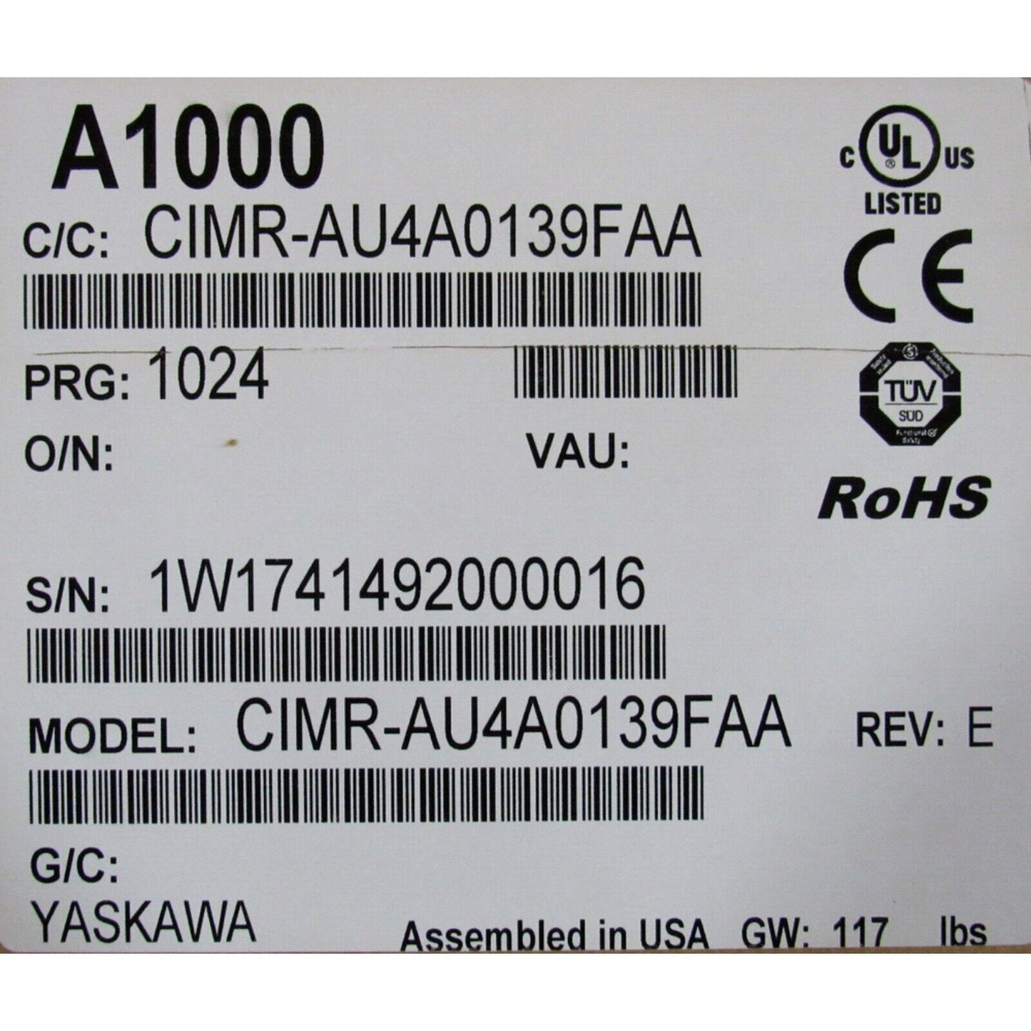 Yaskawa A1000 AC Drive CIMR-AU4A0139FAA label, RoHS, CE, UL Listed, Assembled in USA