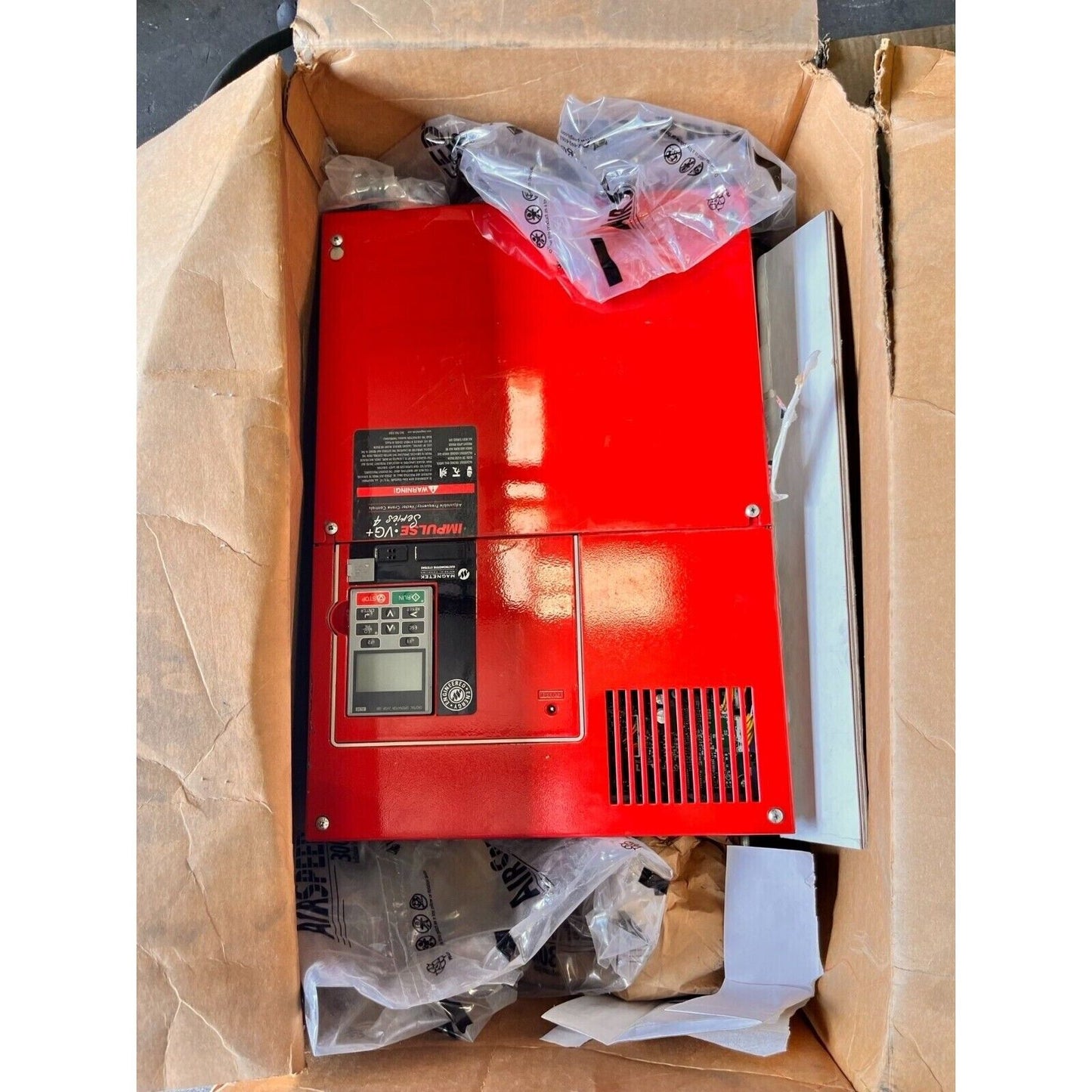 YASKAWA Magnetek VFD CIMR-AU4A0103AAA, red industrial inverter in box, IMPULSE VG+ Series 4