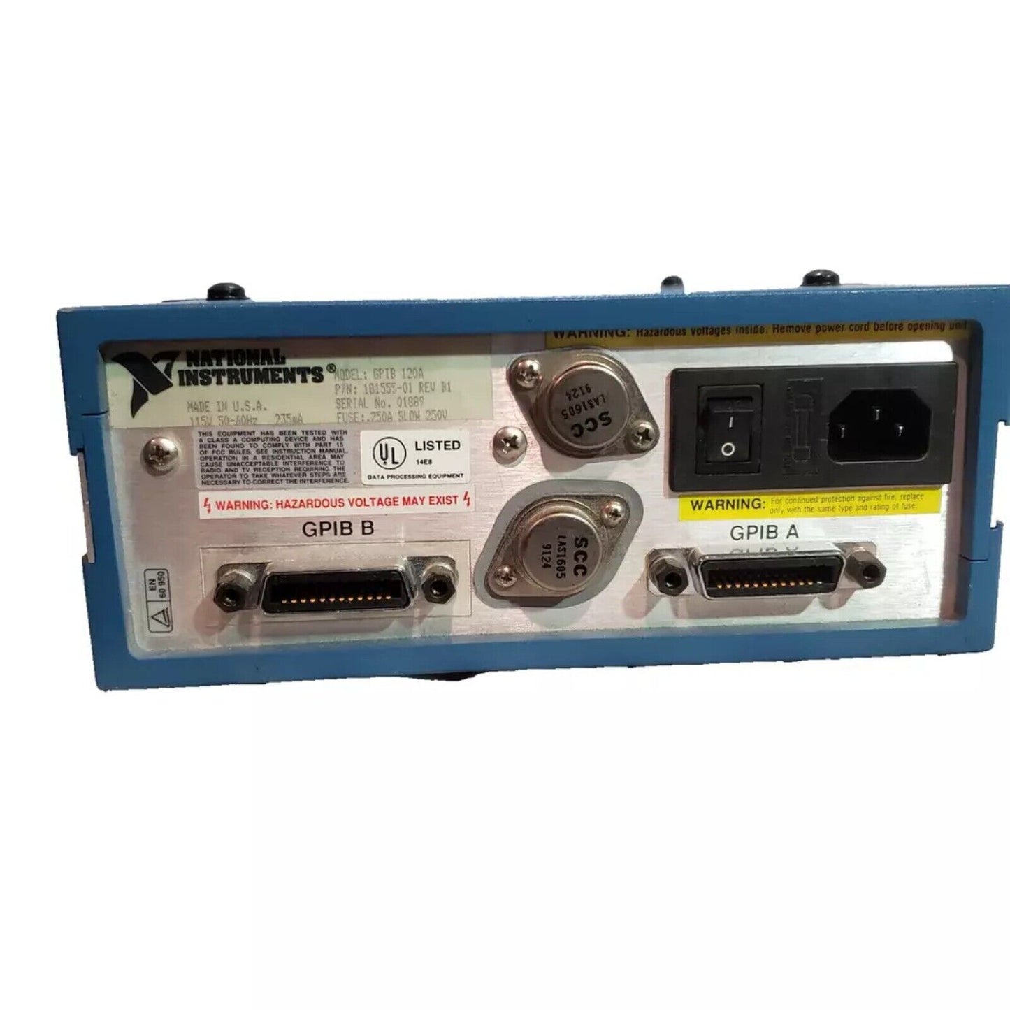 National Instruments GPIB-120A Bus Expander/Isolator, blue industrial automation interface device, GPIB.