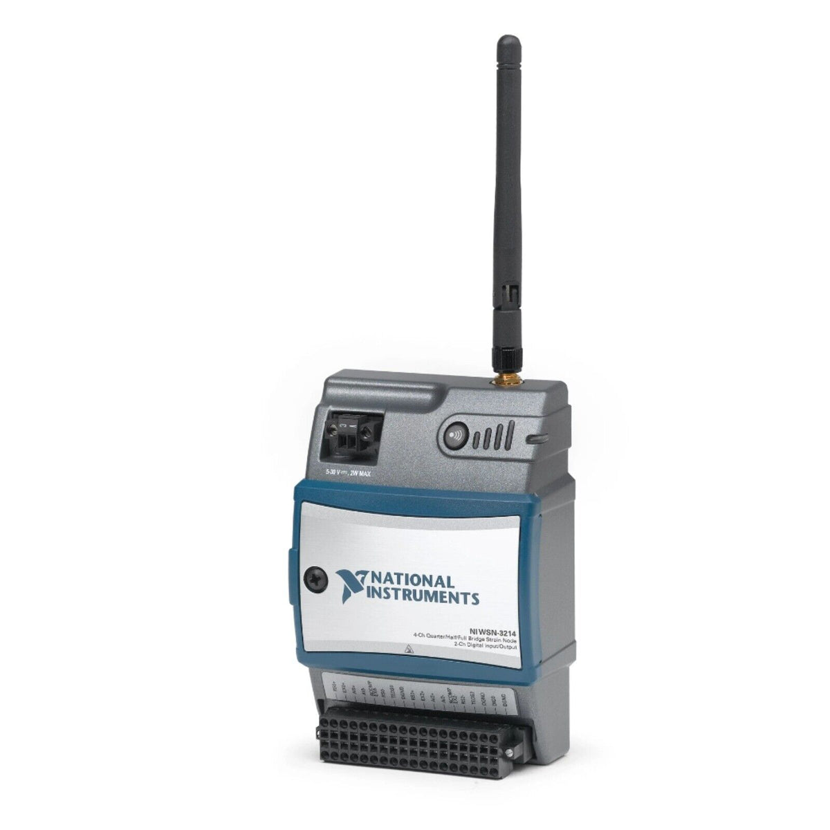 National Instruments NI WSN-3214 wireless sensor, gray and blue with antenna. Strain/Bridge Node for industrial automation.