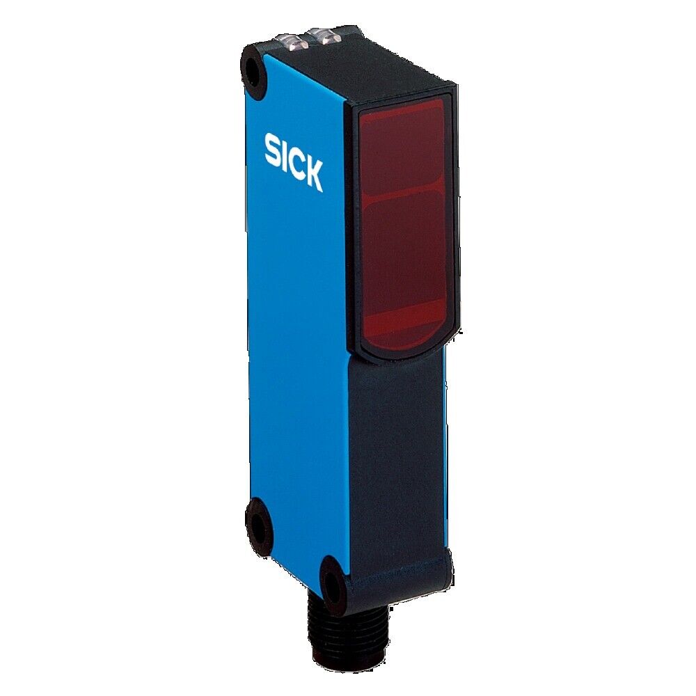 SICK WT18-3P430 photoelectric sensor. Blue and black industrial sensor with red lens, brand name SICK.