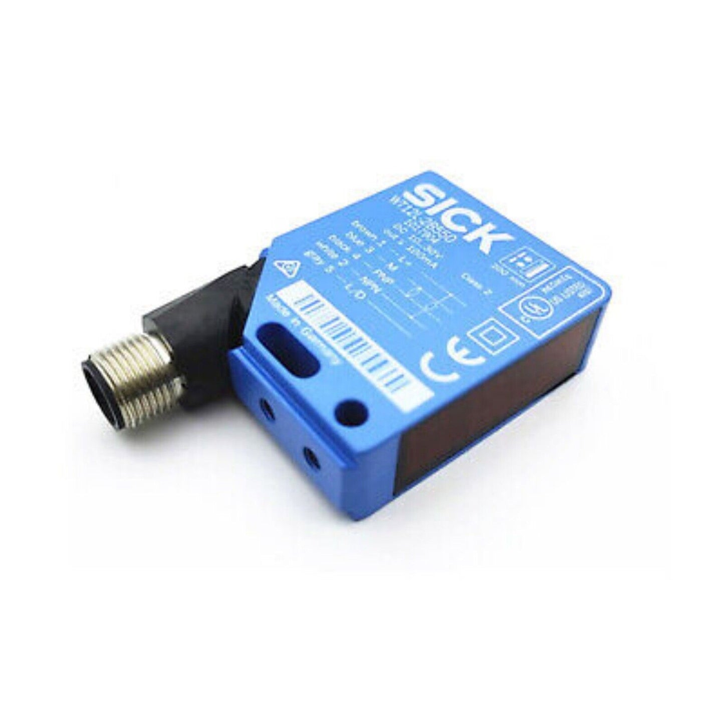 SICK WT12L-2B550 photoelectric proximity sensor with blue housing and connector.
