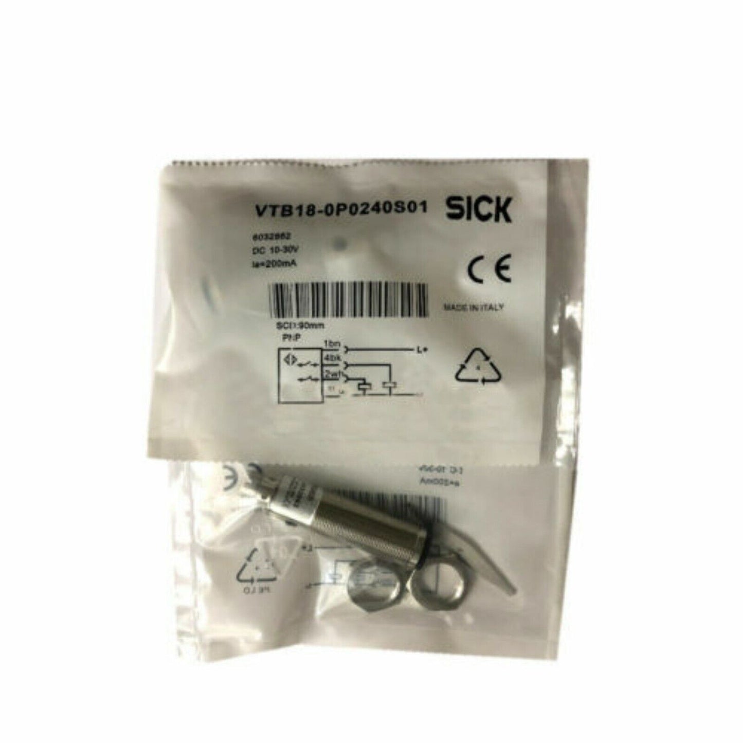 SICK VTB18-0P0240S01 Photoelectric Sensor in packaging, DC 10-30V, Made in Italy, Industrial automation equipment.