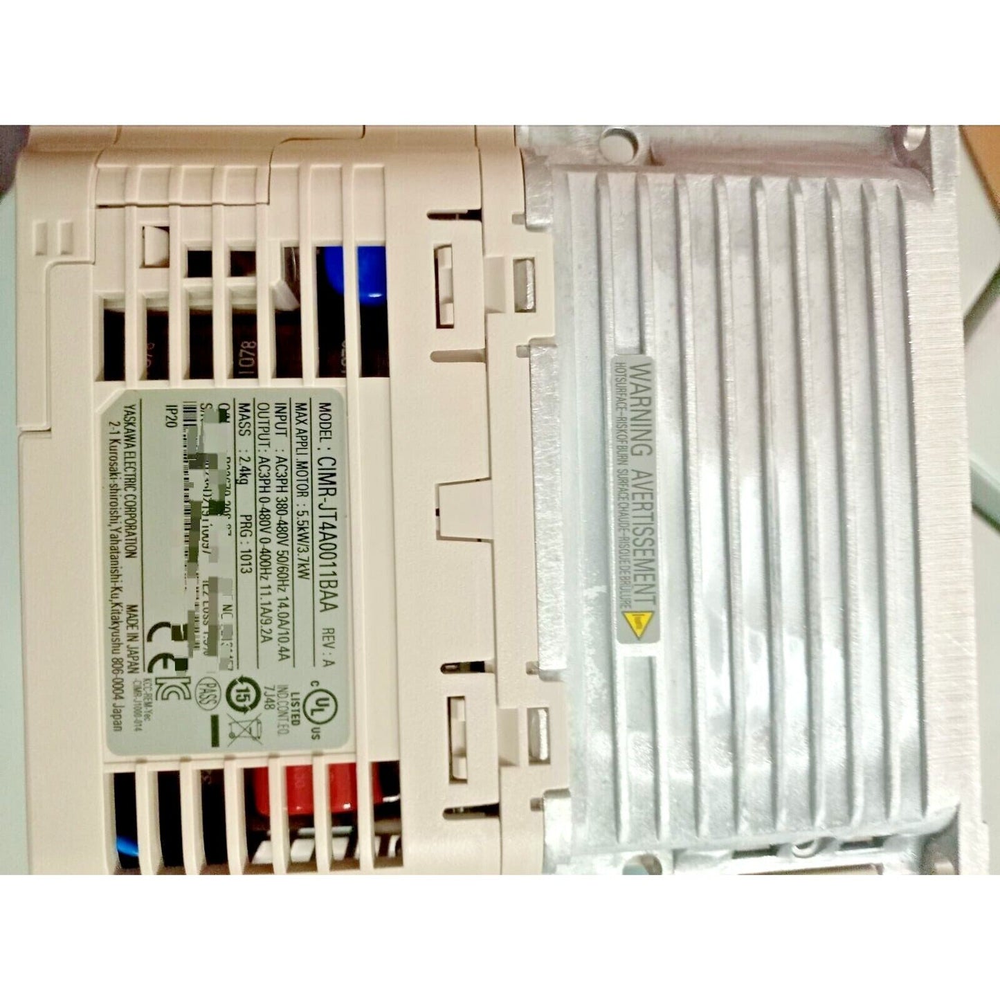 YASKAWA J1000 CIMR-JT4A0011BAA VFD, industrial automation equipment, white housing, specifications label
