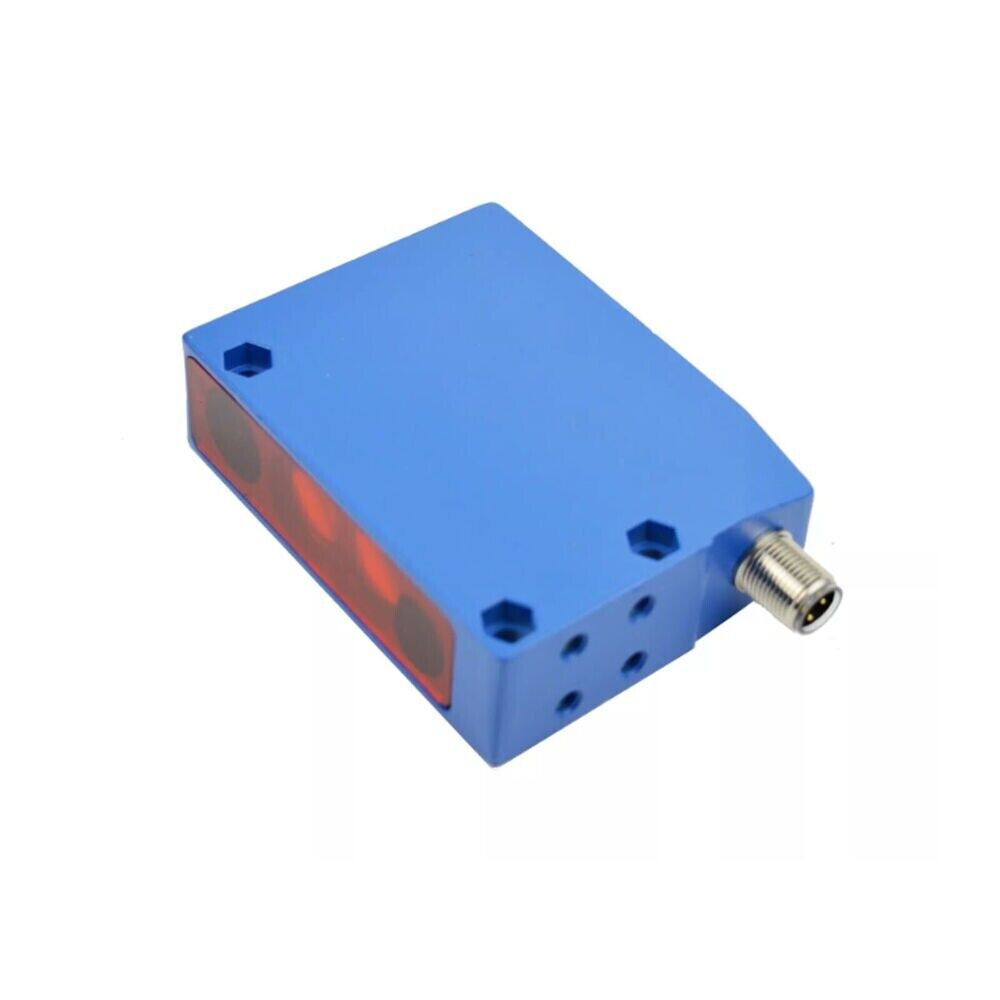 SICK WT34-V210 industrial sensor. Blue housing with red lens and connector for automation.