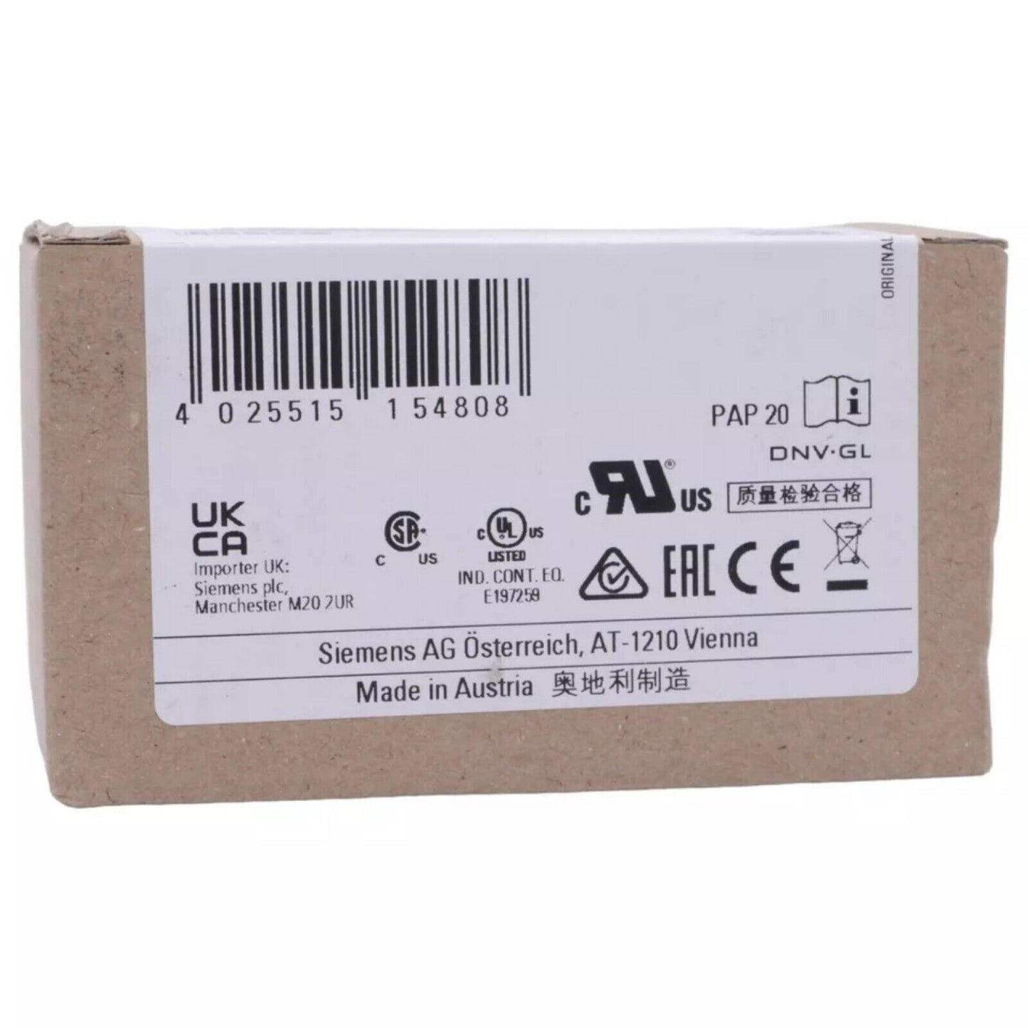 Siemens product packaging, with barcode, certifications, and Made in Austria text.