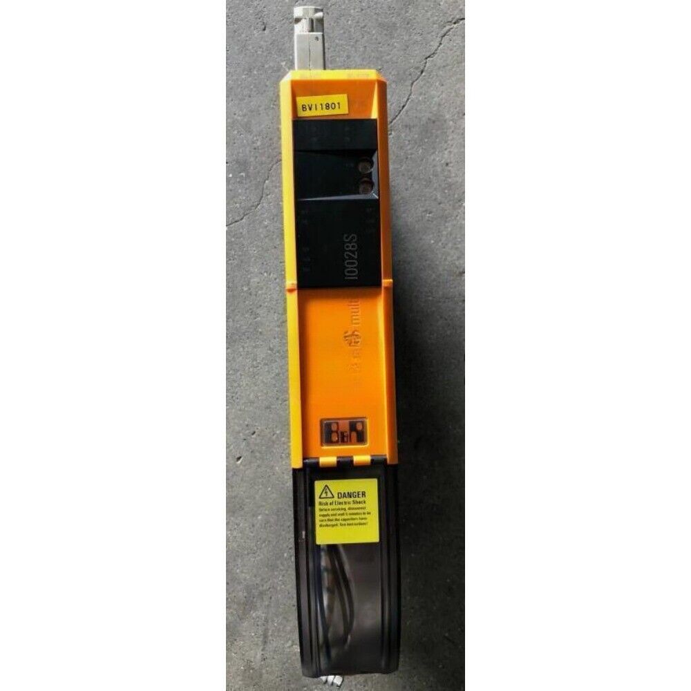 B&R Servo Drive 8BVI1801, 8BVI10028S, orange and black, industrial automation part, servo motor component, warning label.