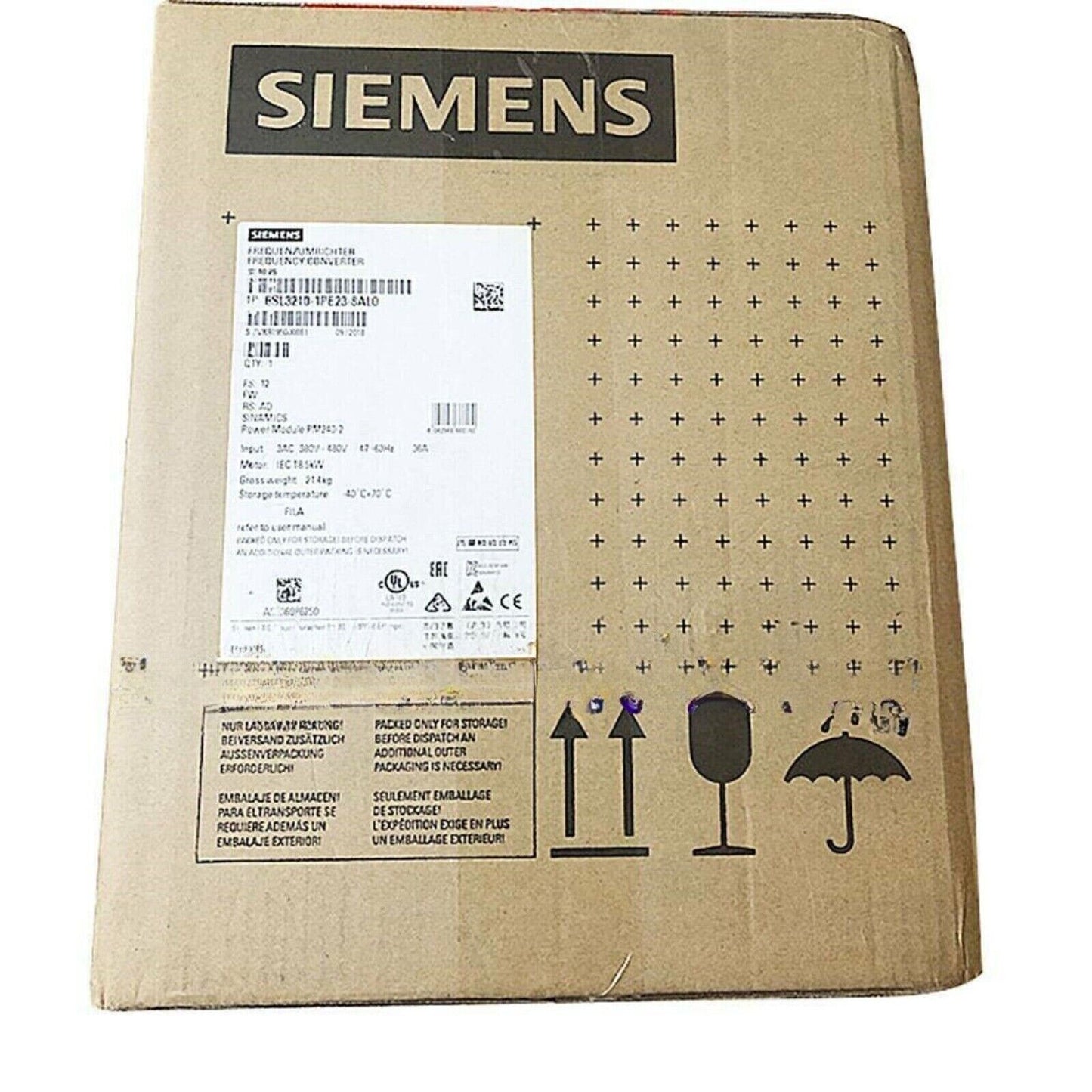 Siemens SINAMICS G120 Power Module packaging, industrial automation part, brown cardboard box with label.