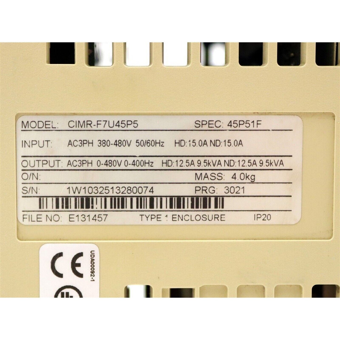YASKAWA CIMR-F7U45P5 AC Drive Label, industrial automation part specifications, 380-480V Input, 0-480V Output