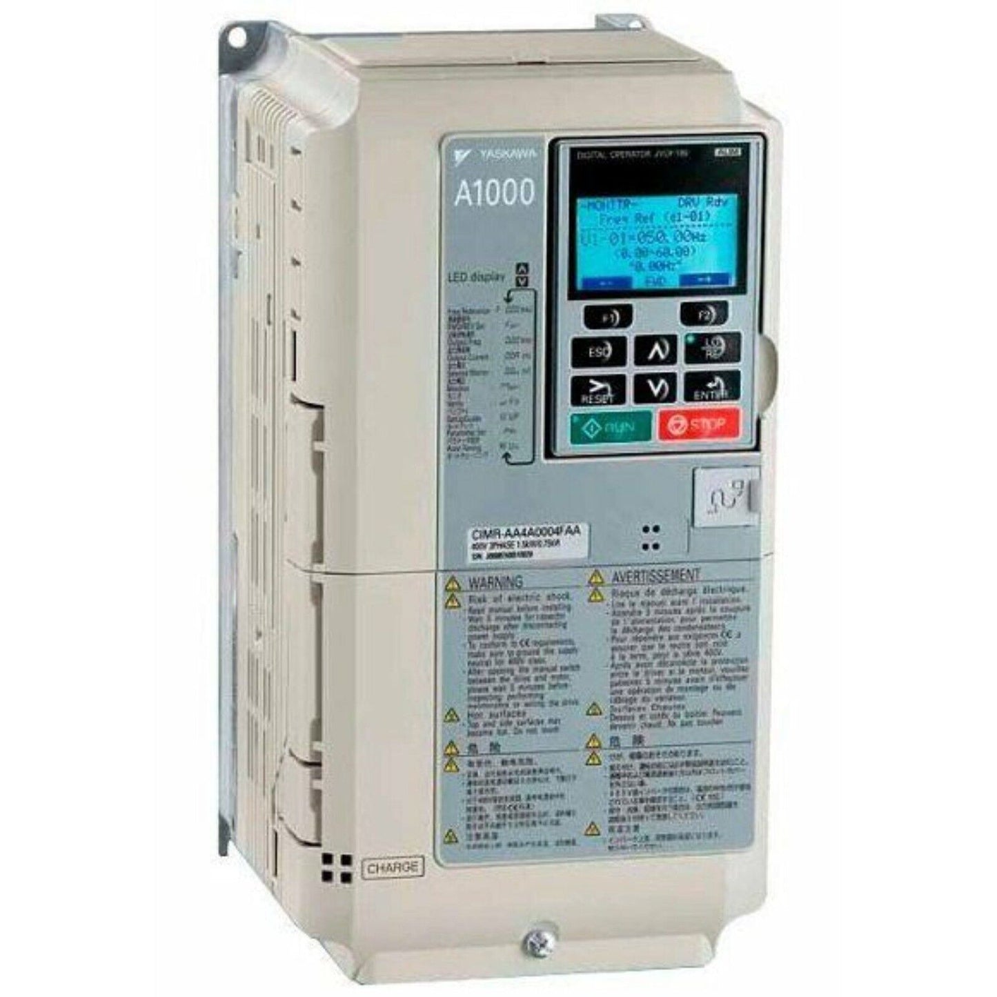 Yaskawa A1000 AC Drive, CIMR-AU4A0072FAA, 50HP, 460V. Features LED display, RUN/STOP controls, and safety warnings.