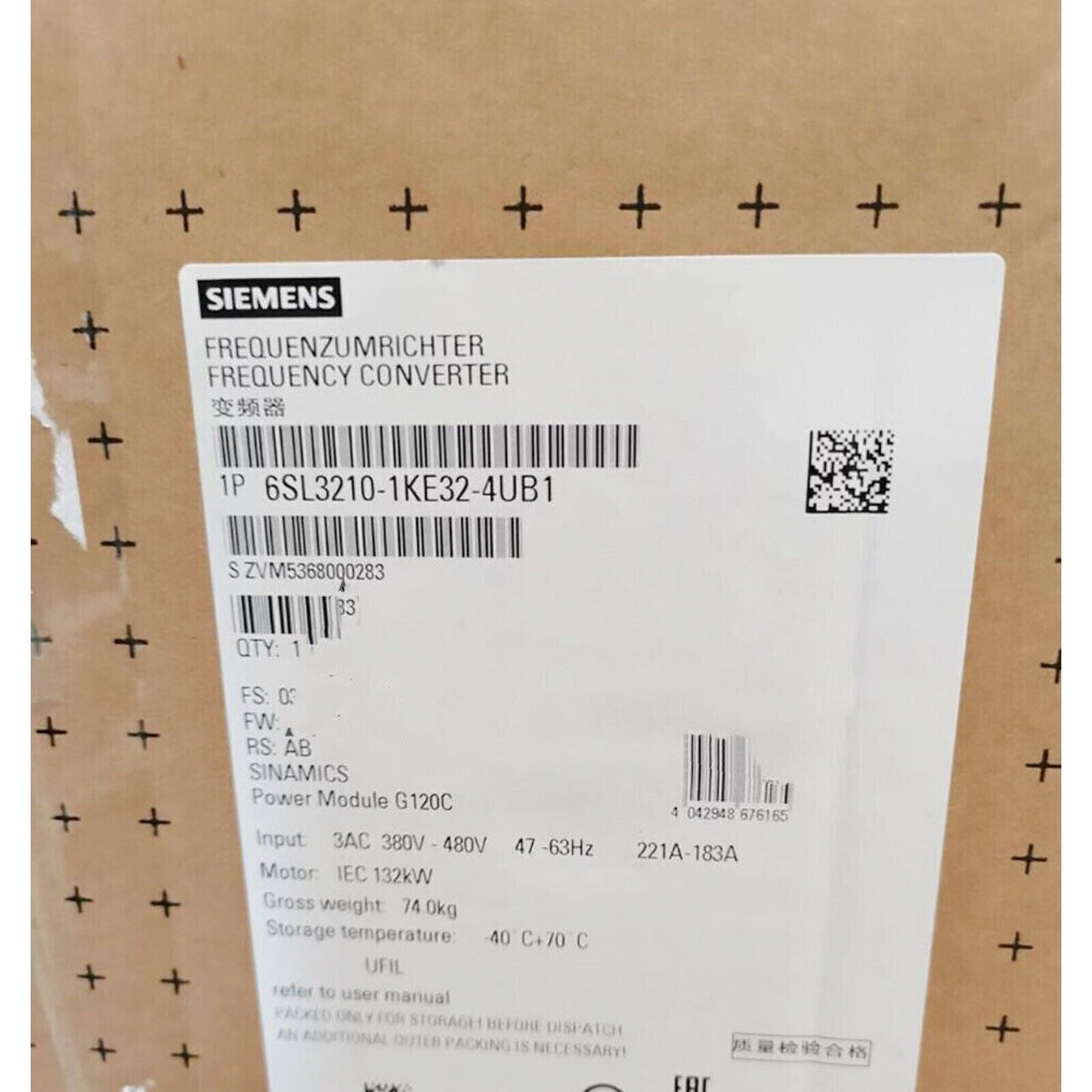 Siemens SINAMICS G120C frequency converter label, model 6SL3210-1KE32-4UB1, industrial automation part.