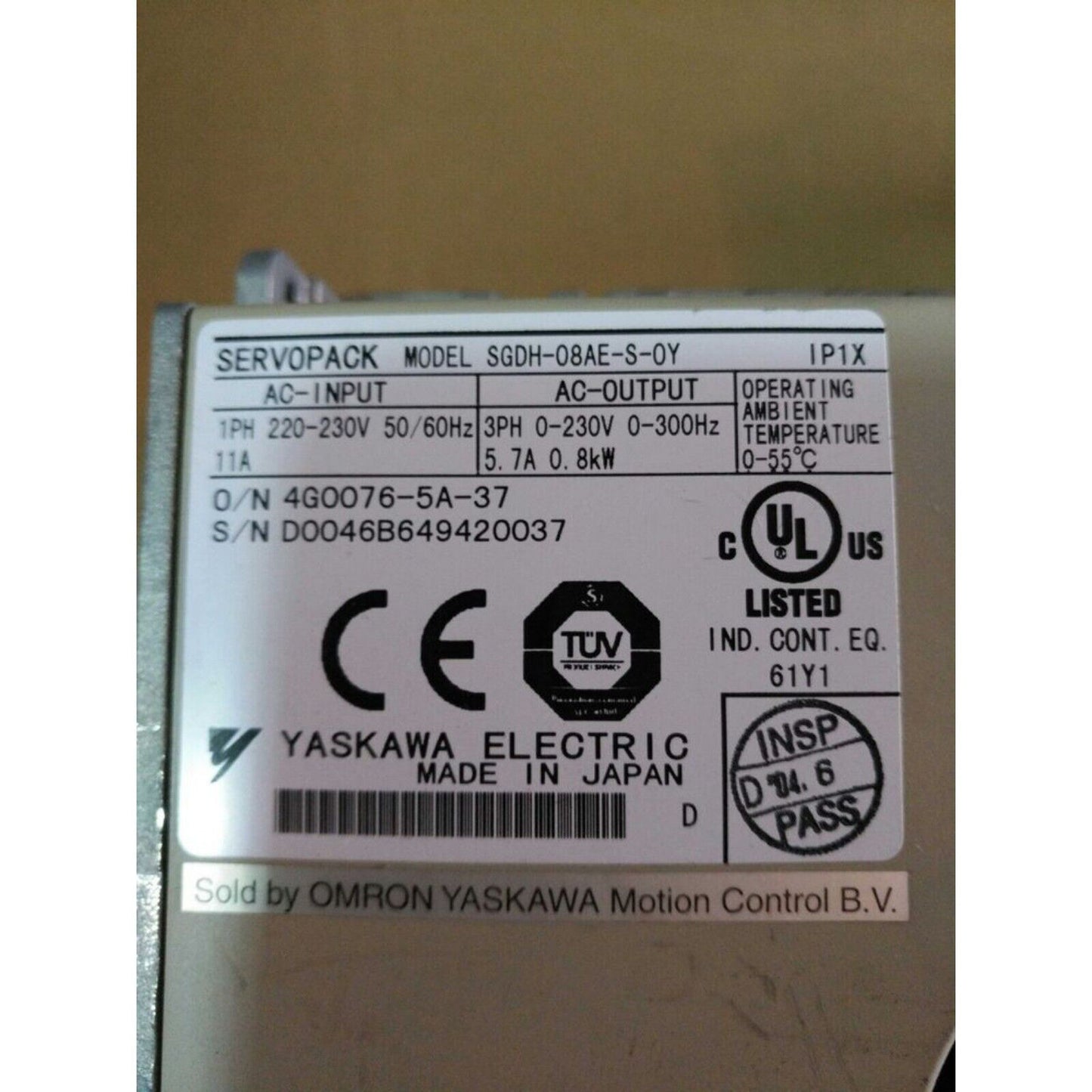 Yaskawa SGDH-08AE-S-OY AC Servo Drive label with product information, industrial automation component.