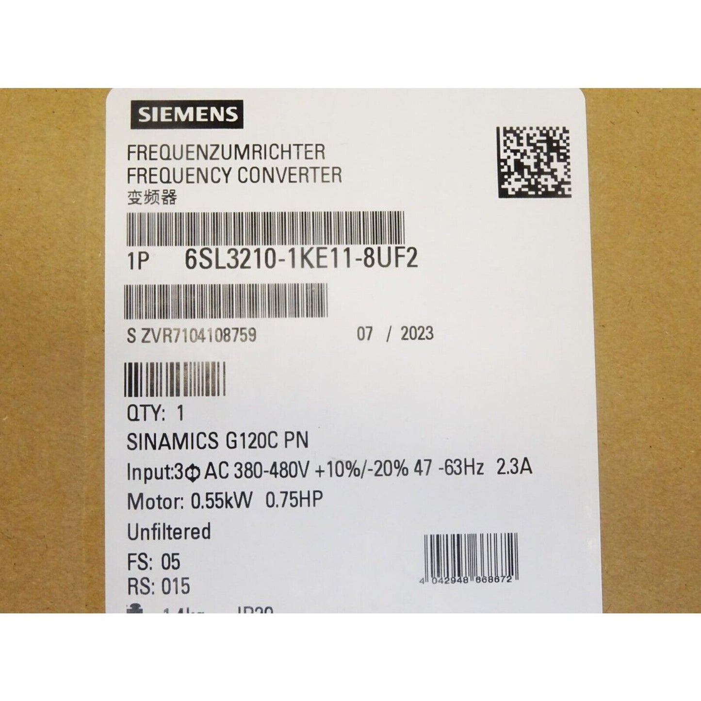 Siemens SINAMICS G120C Frequency Converter Label - 6SL3210-1KE11-8UF2, industrial automation component with specifications.