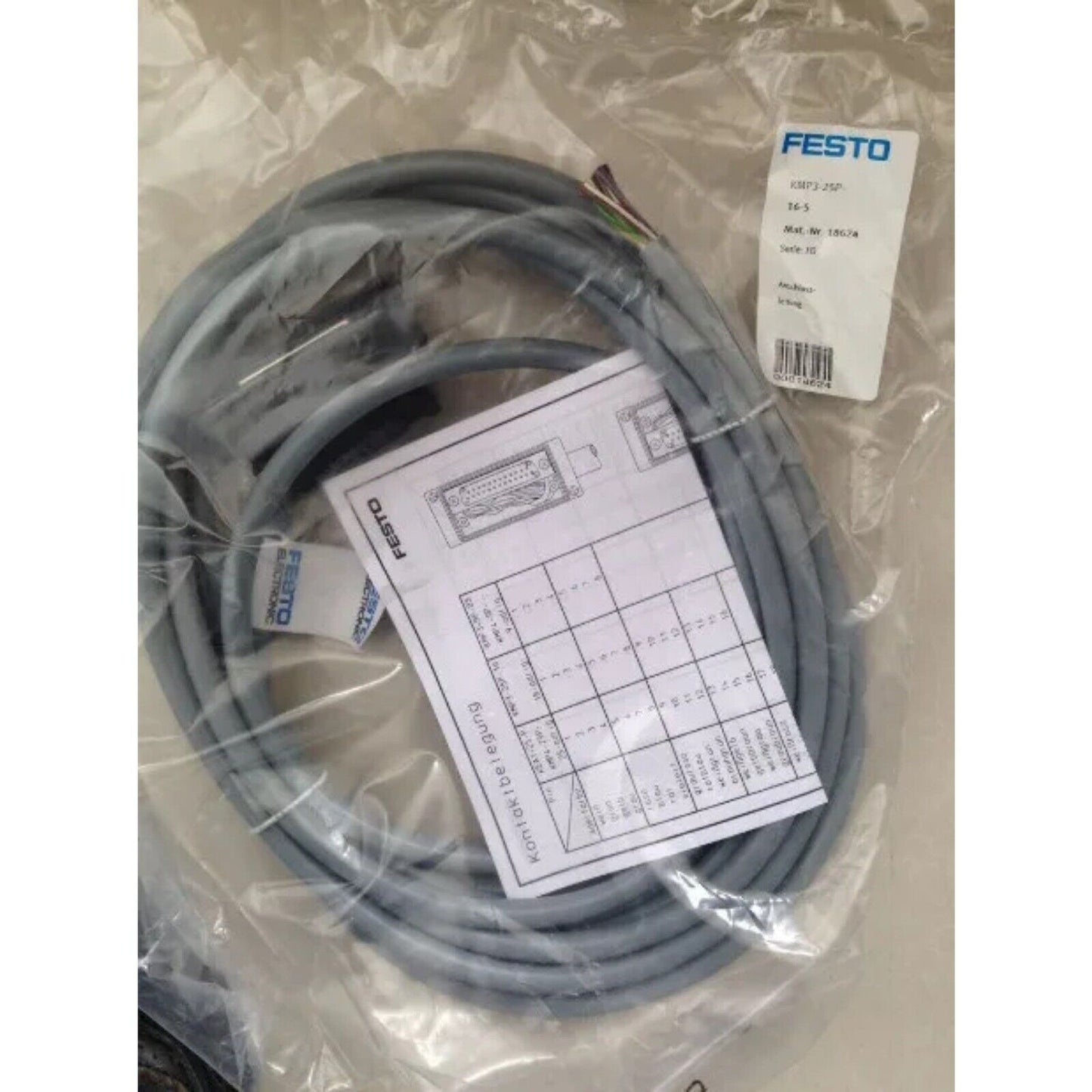 FESTO KMP3-25P-16-5 connecting cable in packaging, gray cable with product label, industrial automation part.