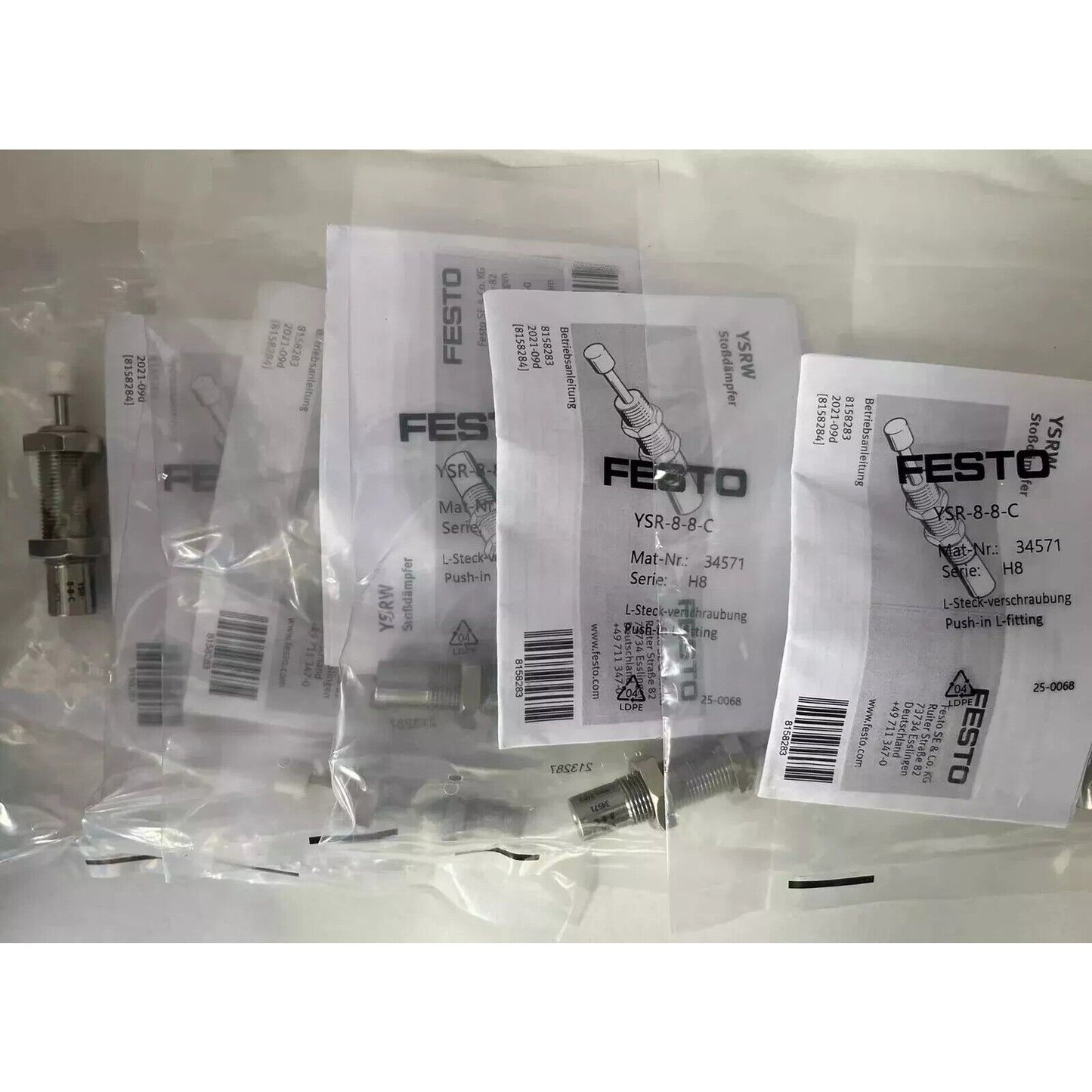 Festo YSR-8-8-C pneumatic shock absorber parts, with model number 34571, industrial automation components.
