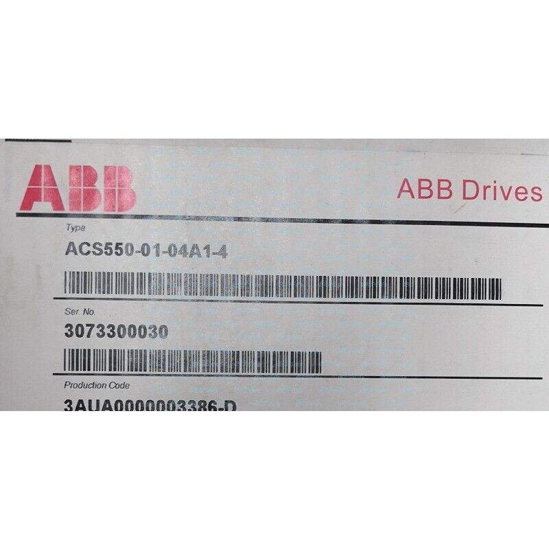 ABB ACS550-01-04A1-4 Inverter product label, including model number, serial number, and barcode.