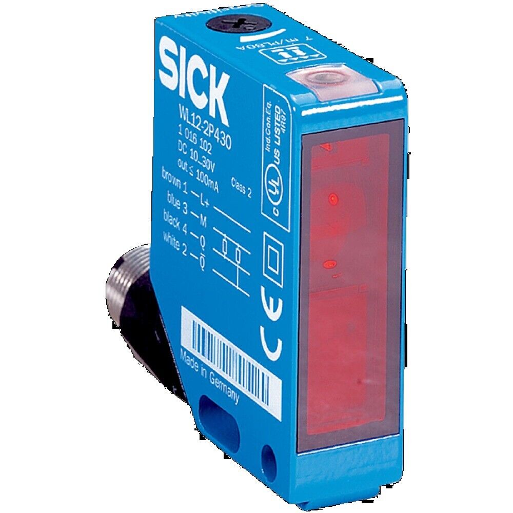SICK WL12-2P430 photoelectric sensor, blue housing with red lens, Made in Germany.