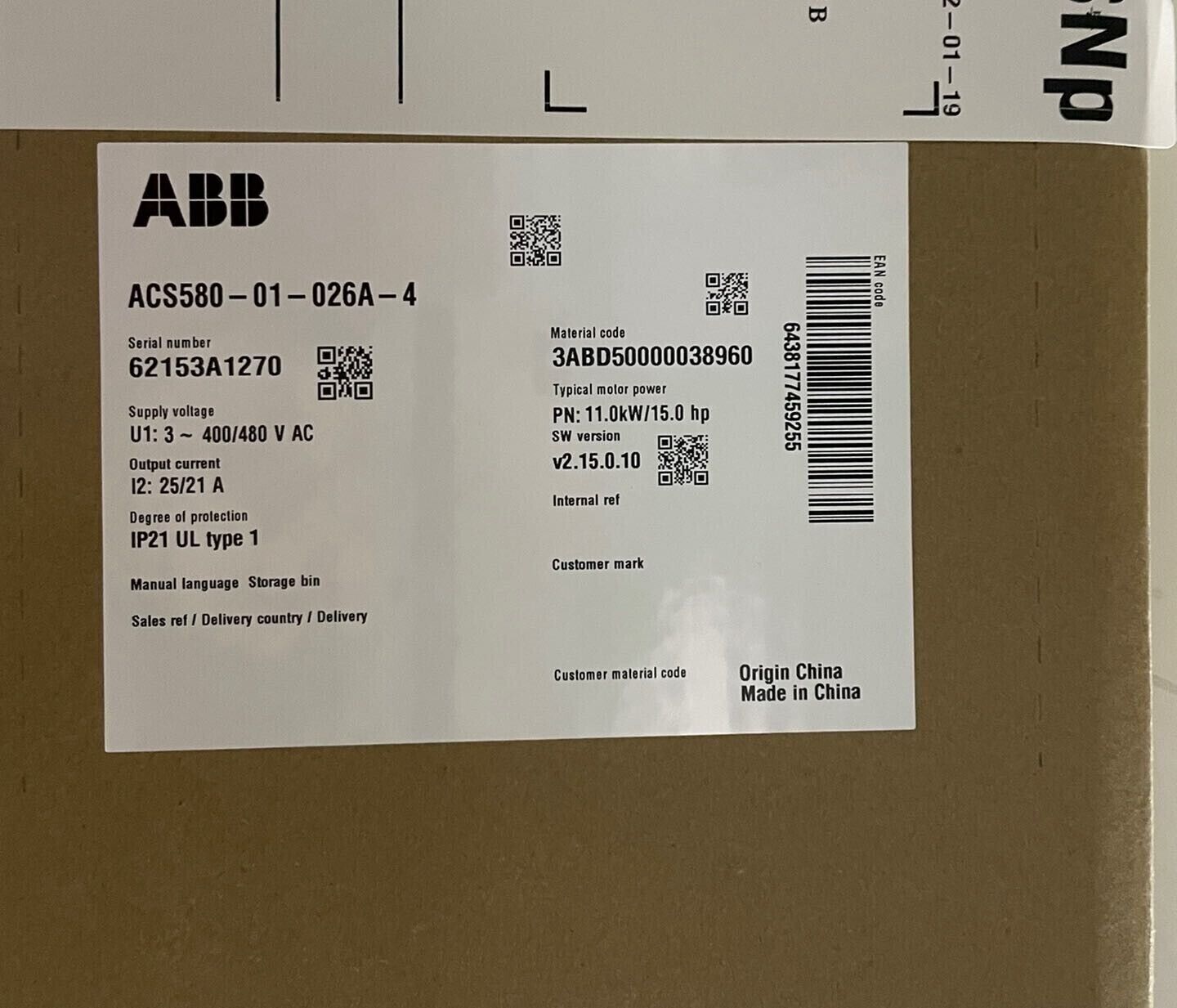 ABB ACS580-01-026A-4 Frequency Converter Label, product information and specifications, IP21, Made in China