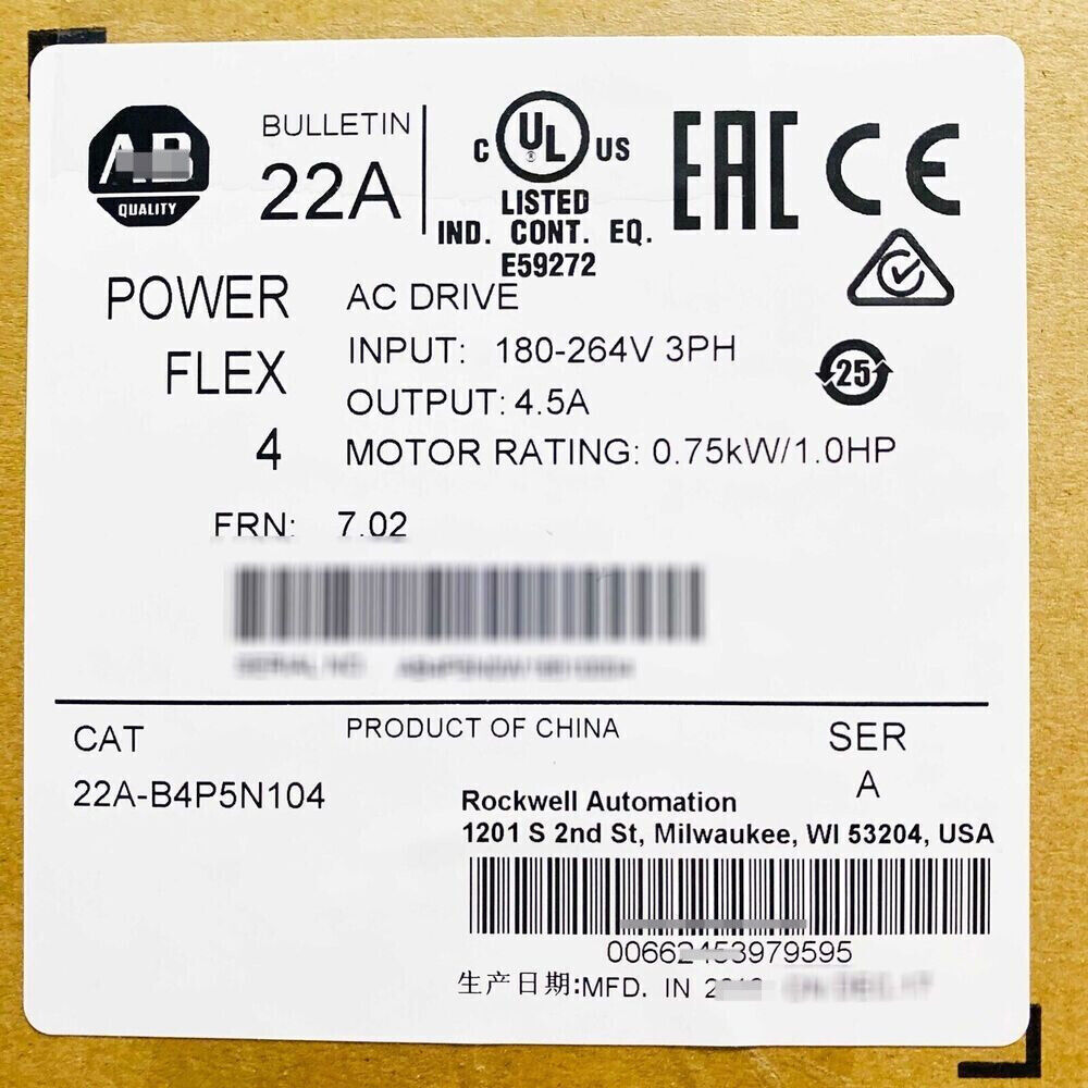 Allen-Bradley PowerFlex 4 AC Drive label: 22A series, specs, Rockwell Automation info. 0.75kW/1.0HP motor rating.