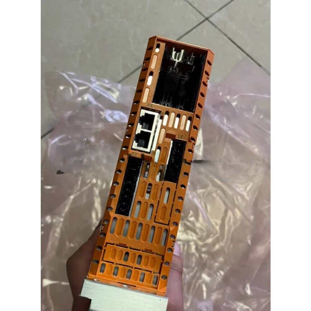 B&R 8BVI0110HCS0.000-1 Servo Drive, orange and black industrial automation part, with ethernet ports and ventilation holes.