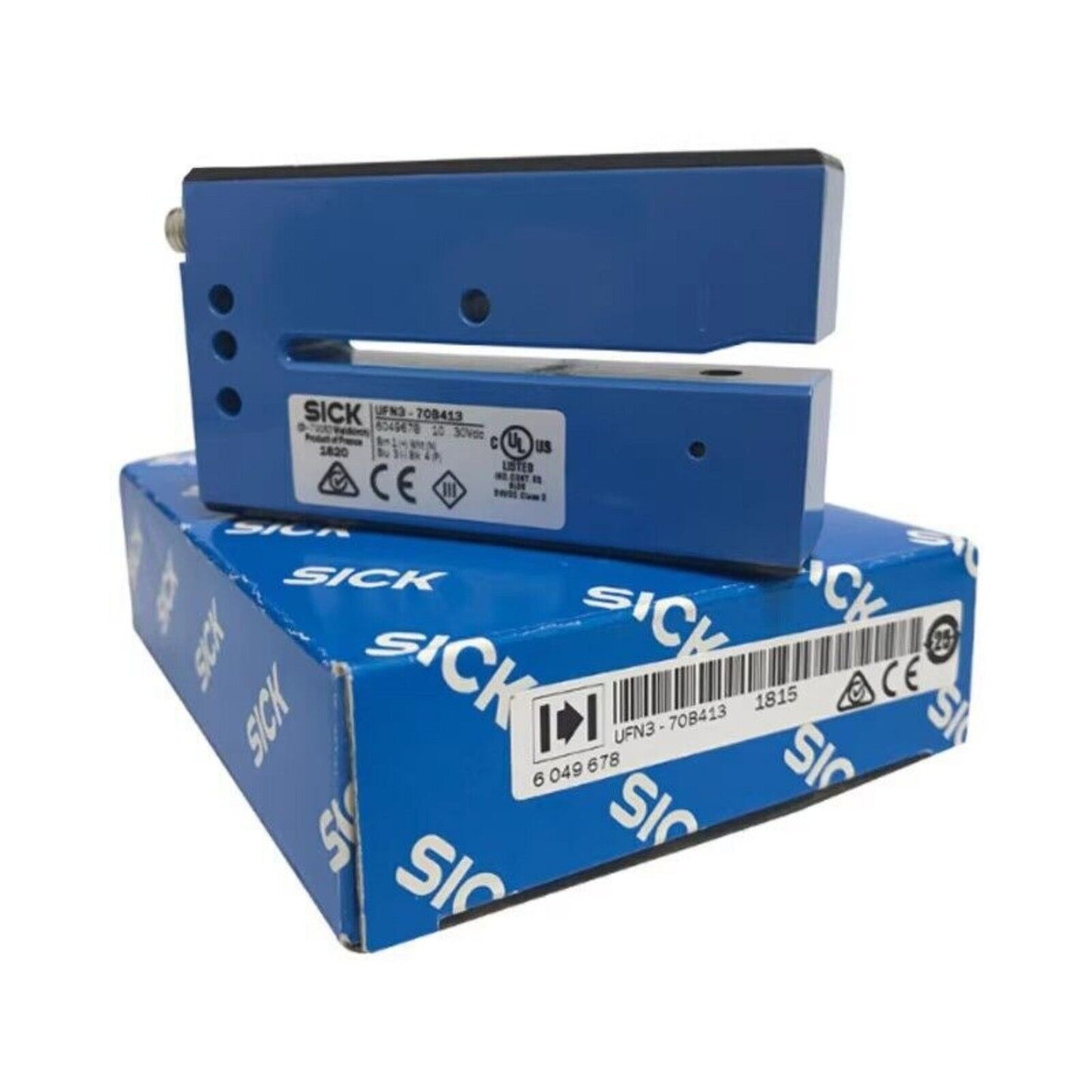 SICK UFN3-70B413 spot label photoelectric sensor. Industrial automation component with model number and certifications.