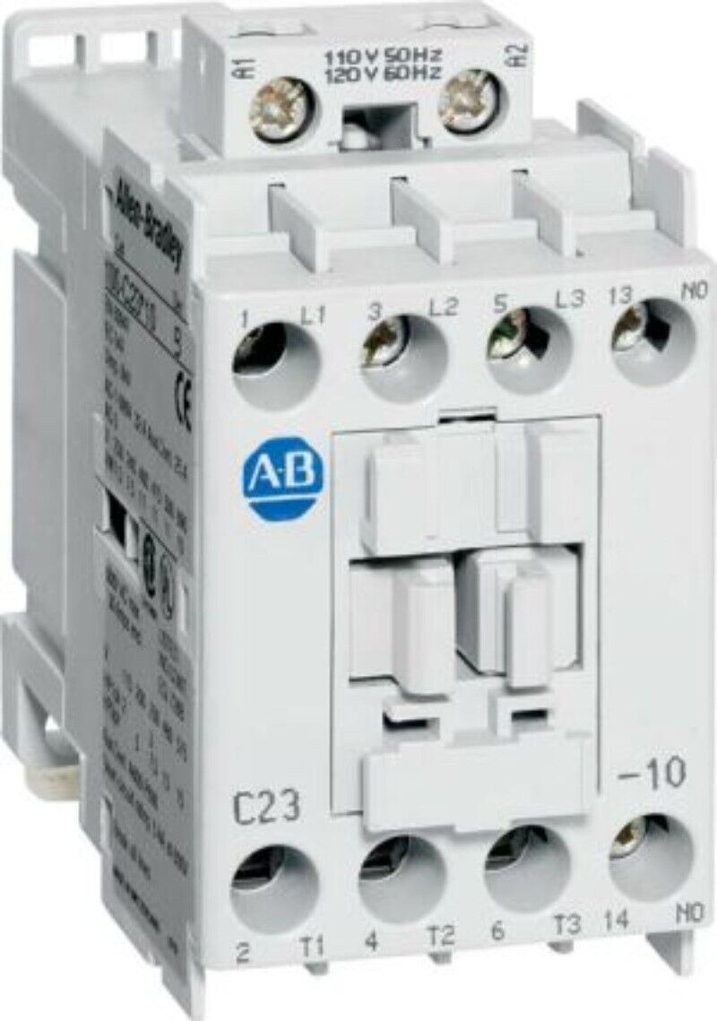 Allen-Bradley 100-C16EJ10 Contactor. White plastic body with screw terminals and auxiliary contact. Featuring 24V DC coil.