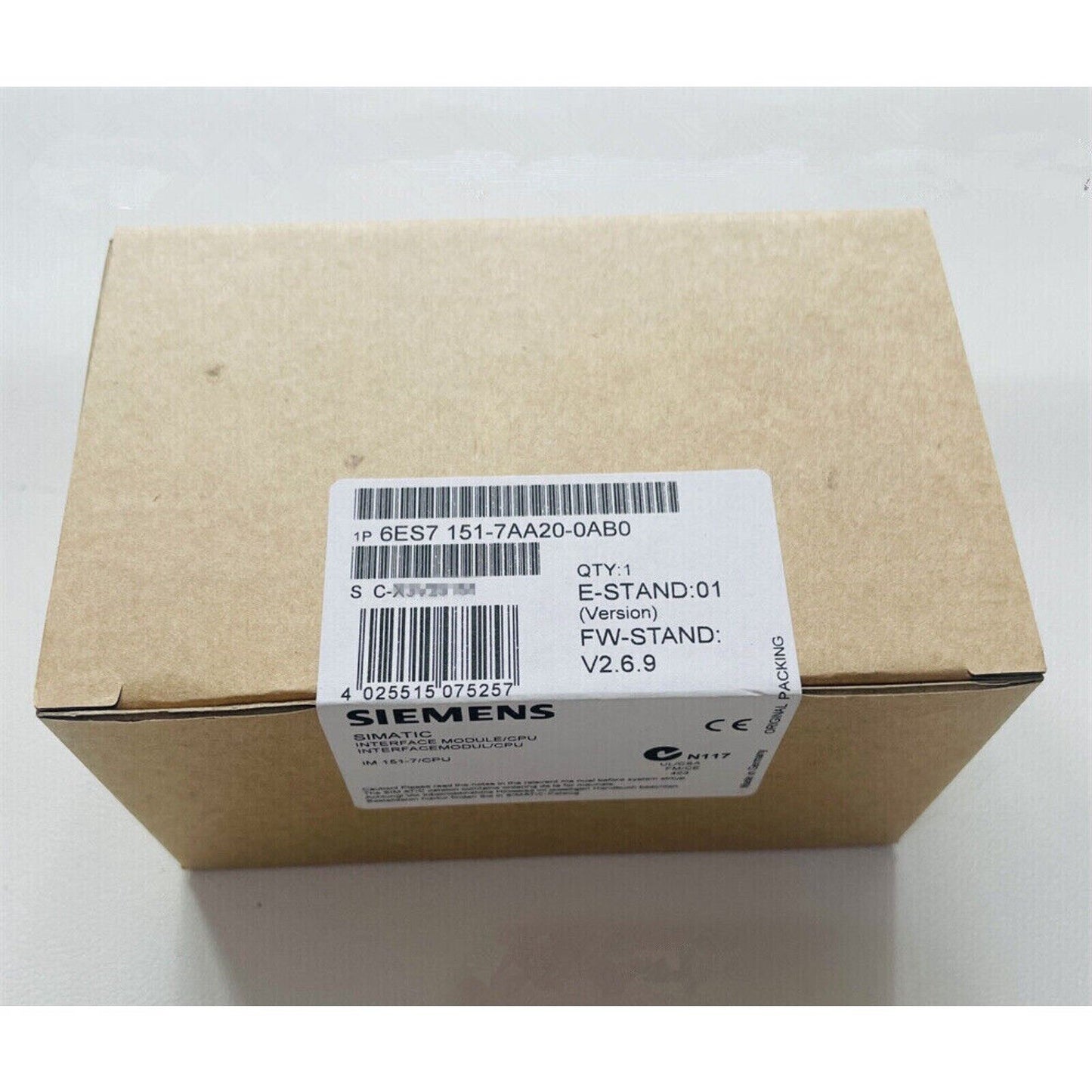 Siemens SIMATIC S7-1500 6ES7 151-7AA20-0AB0 CPU module in packaging, featuring product label details and specifications.