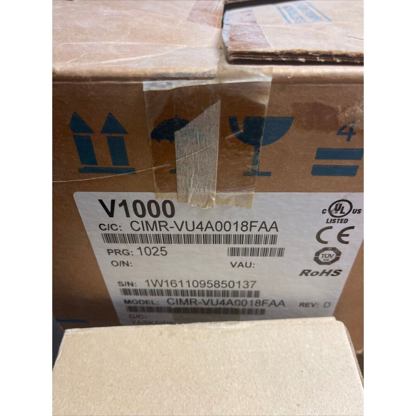 Yaskawa V1000 Inverter Box: CIMR-VU4A0018FAA model number, brown cardboard, expedited shipping.