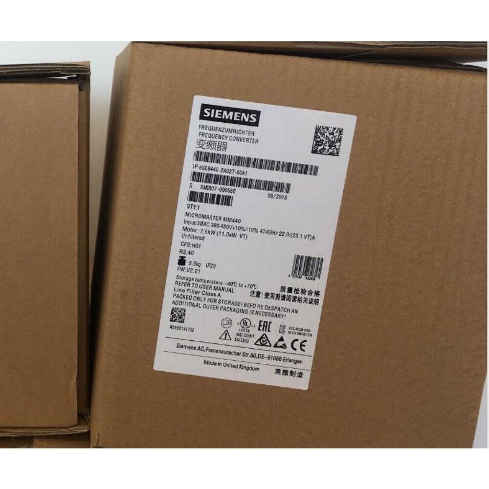 Siemens SINAMICS G120 6SE6440-2AD27-5CA1 box with frequency converter details and certifications.