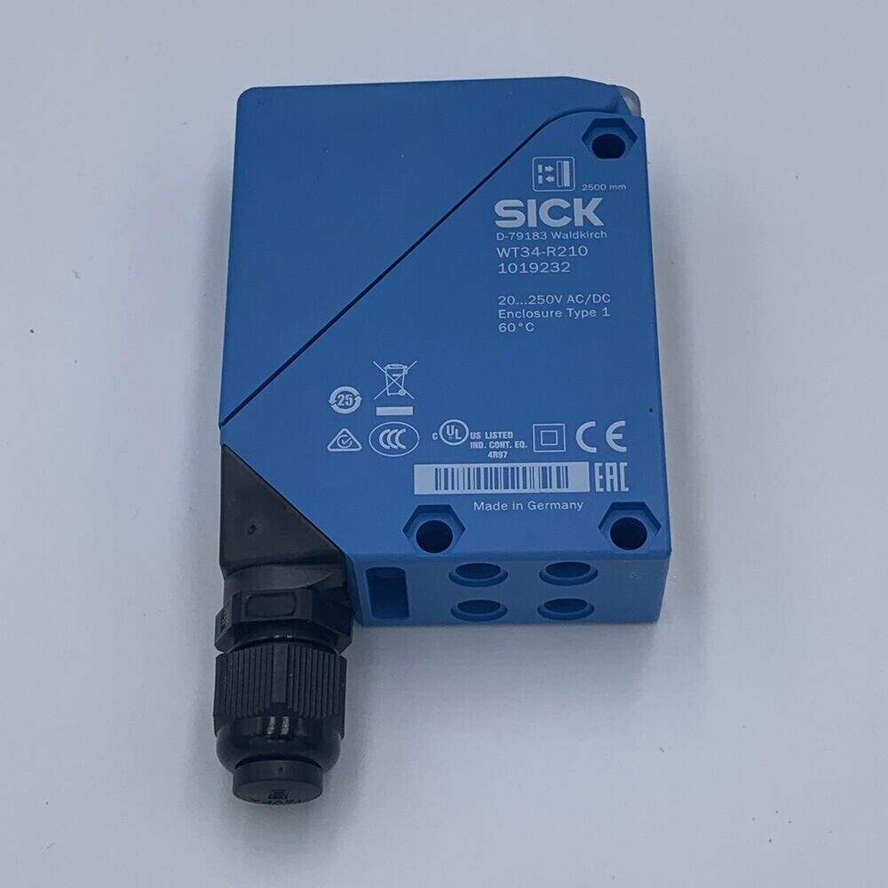 SICK WT34-R210 photoelectric sensor, blue housing, 2500 mm range, Made in Germany.
