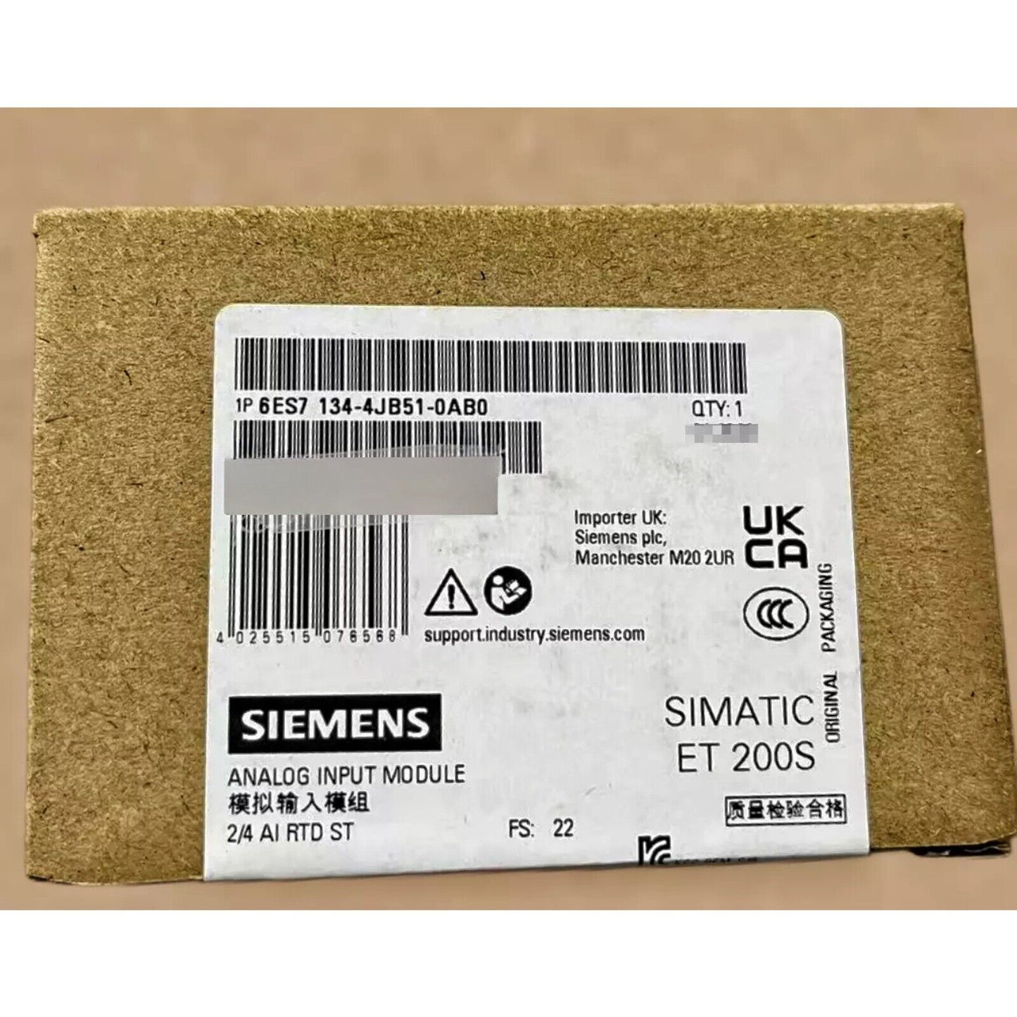 Siemens SIMATIC ET 200S Analog Input Module 6ES7134-4JB51-0AB0 in box, industrial automation part.