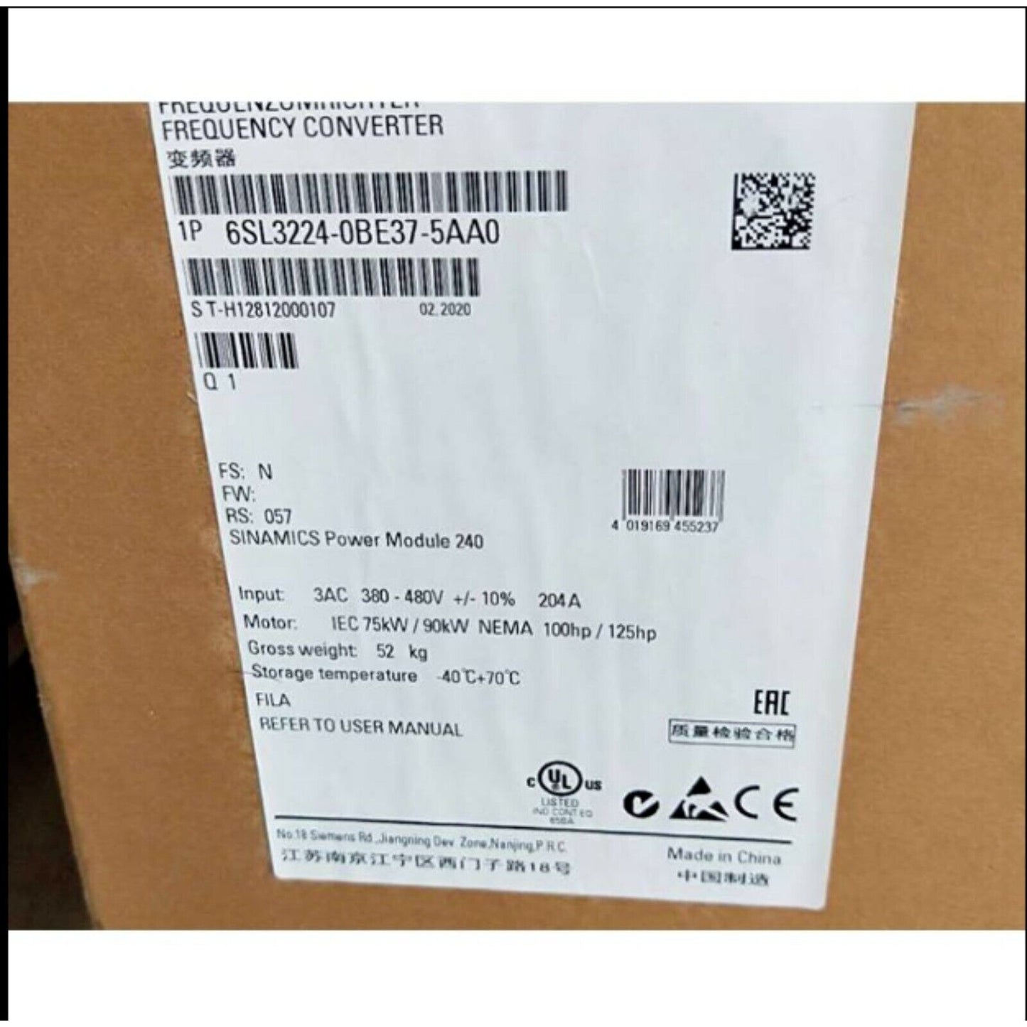 Siemens SINAMICS G120 PM240 Power Module label with specifications: 6SL3224-0BE37-5AA0