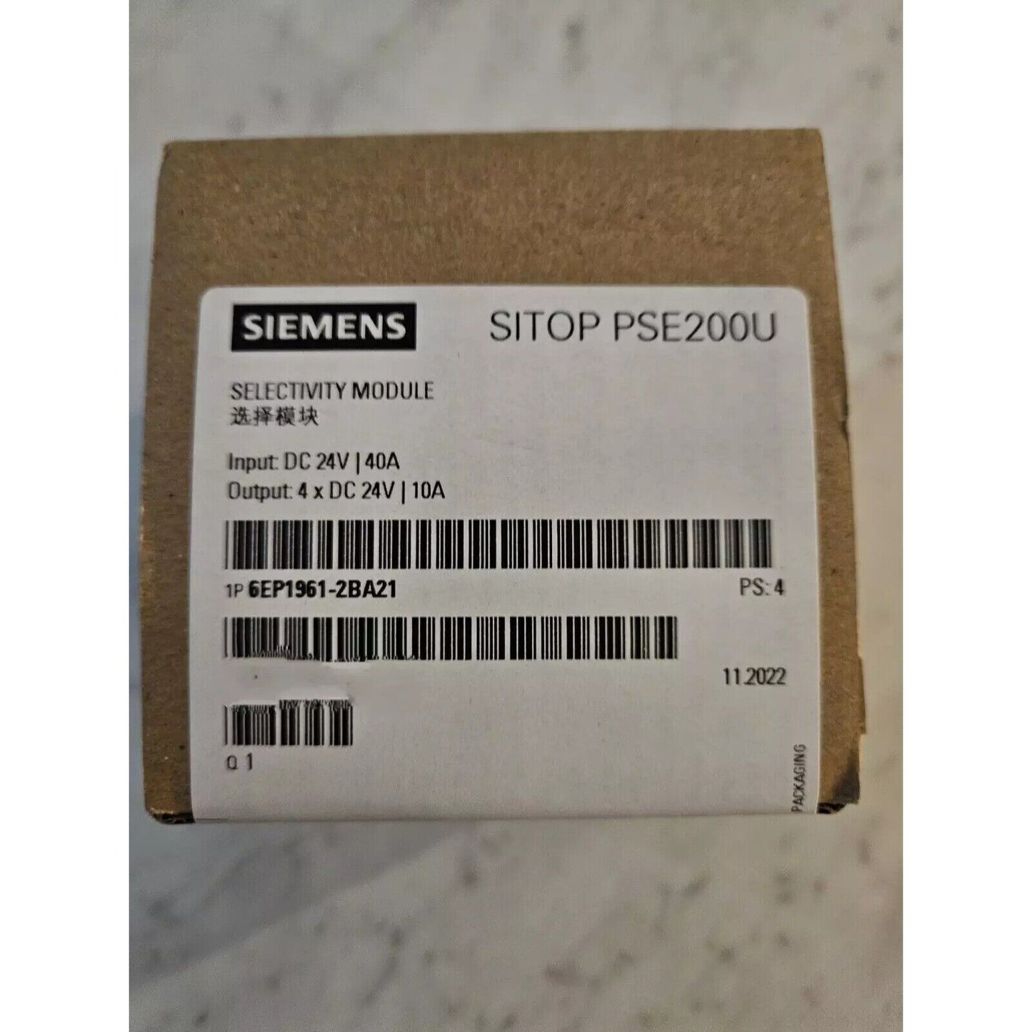 Siemens SITOP PSE200U 10A Selectivity Module 6EP1961-2BA21 product packaging, industrial automation part, DC 24V input