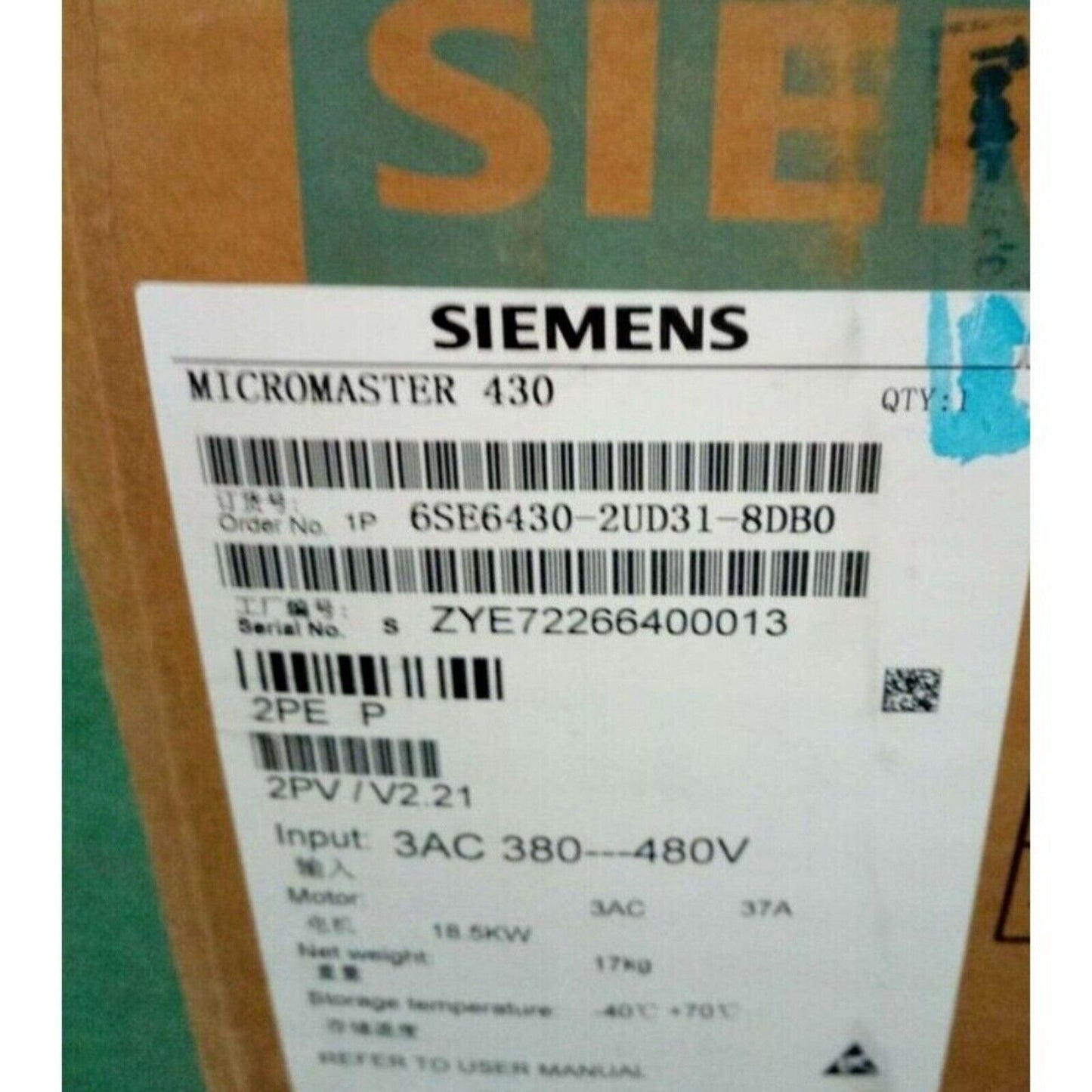 Siemens MICROMASTER 430 drive label with model 6SE6430-2UD31-8DB0, industrial automation part.