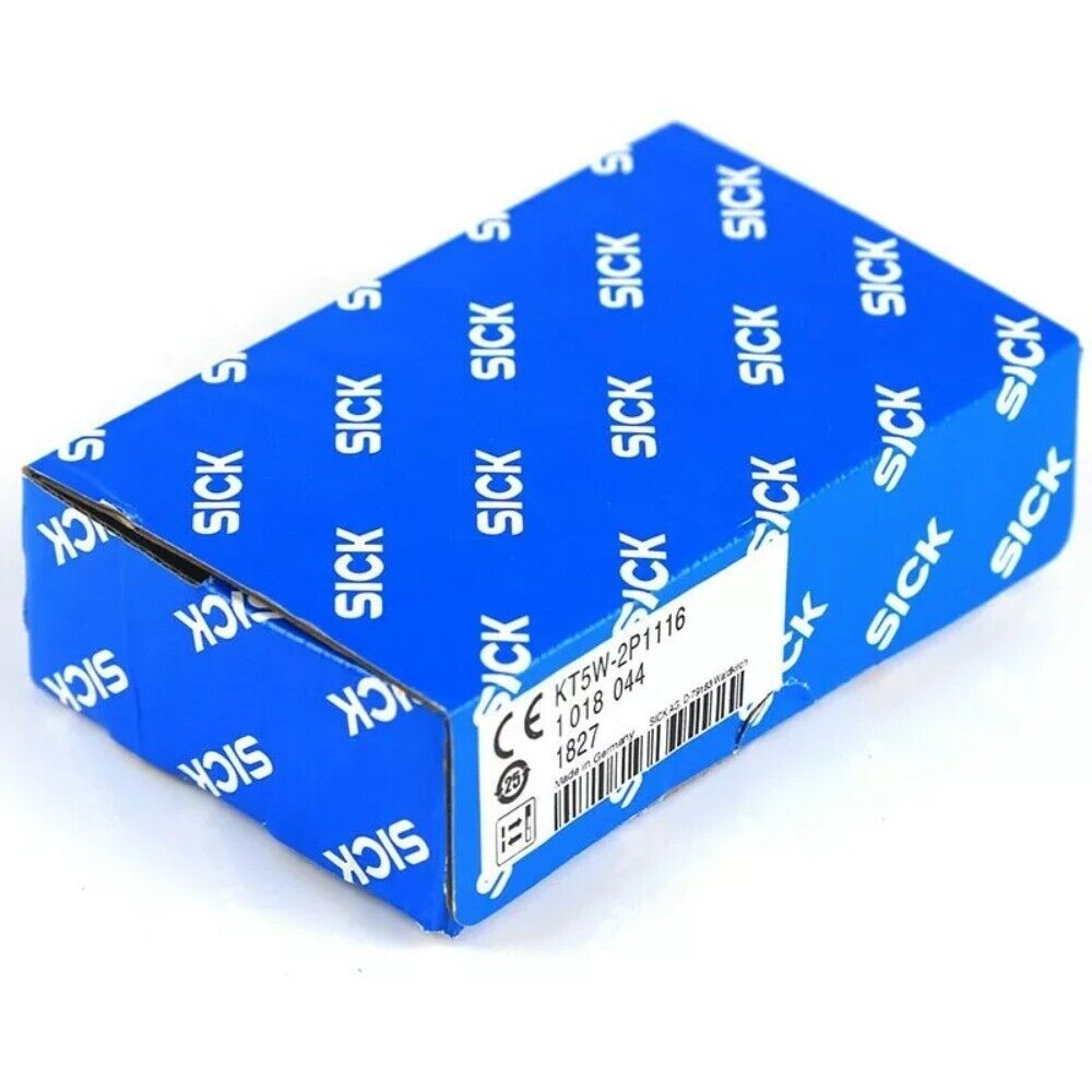 SICK KT5W-2P1116 color sensor packaging. Industrial automation component, Made in Germany.