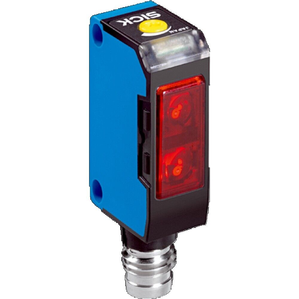 SICK WT150-P162 photoelectric sensor. Blue, black, and transparent construction with 'SICK' logo.