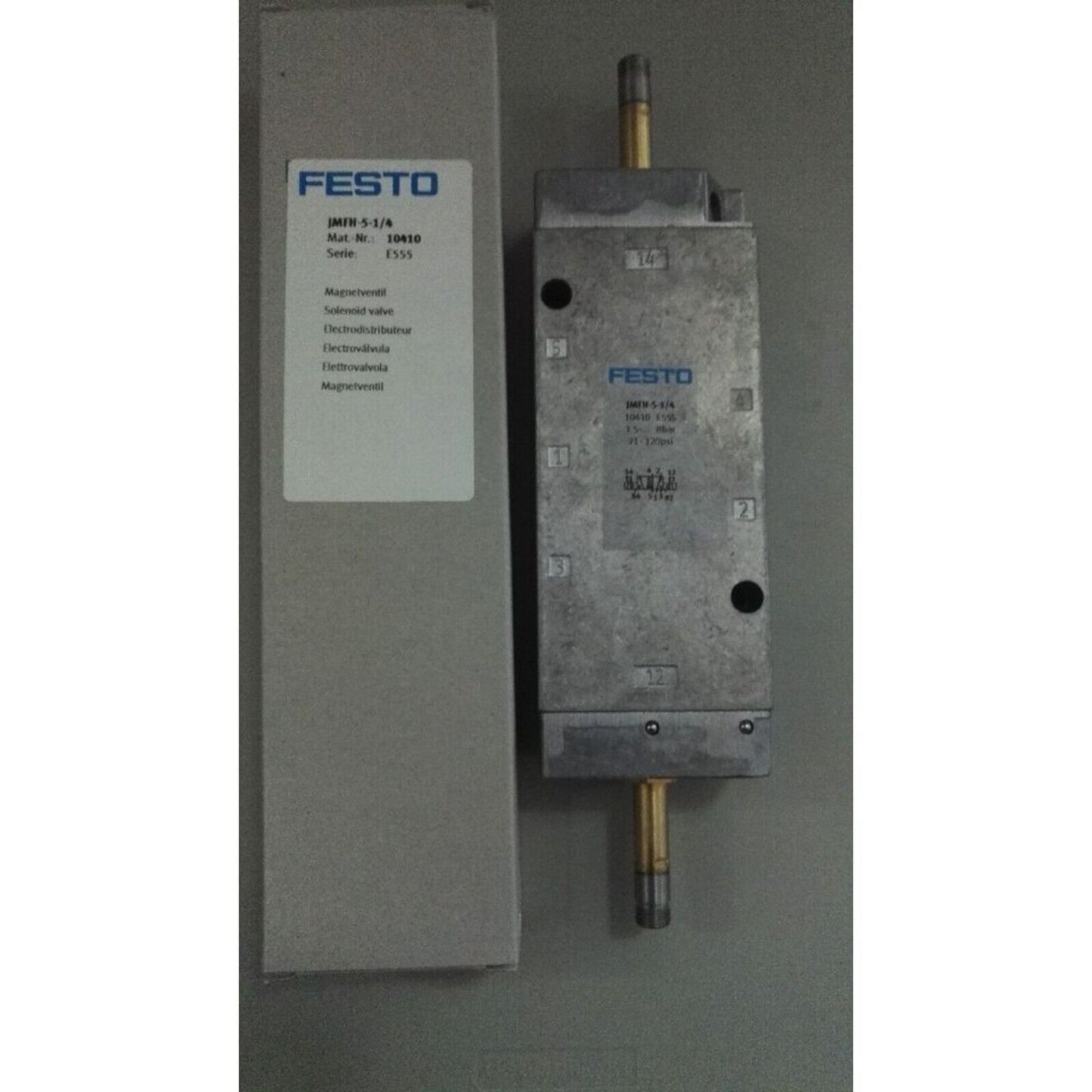 Festo JMFH-5-1/4 Solenoid valve, industrial automation component with box and metallic body, product number 10410