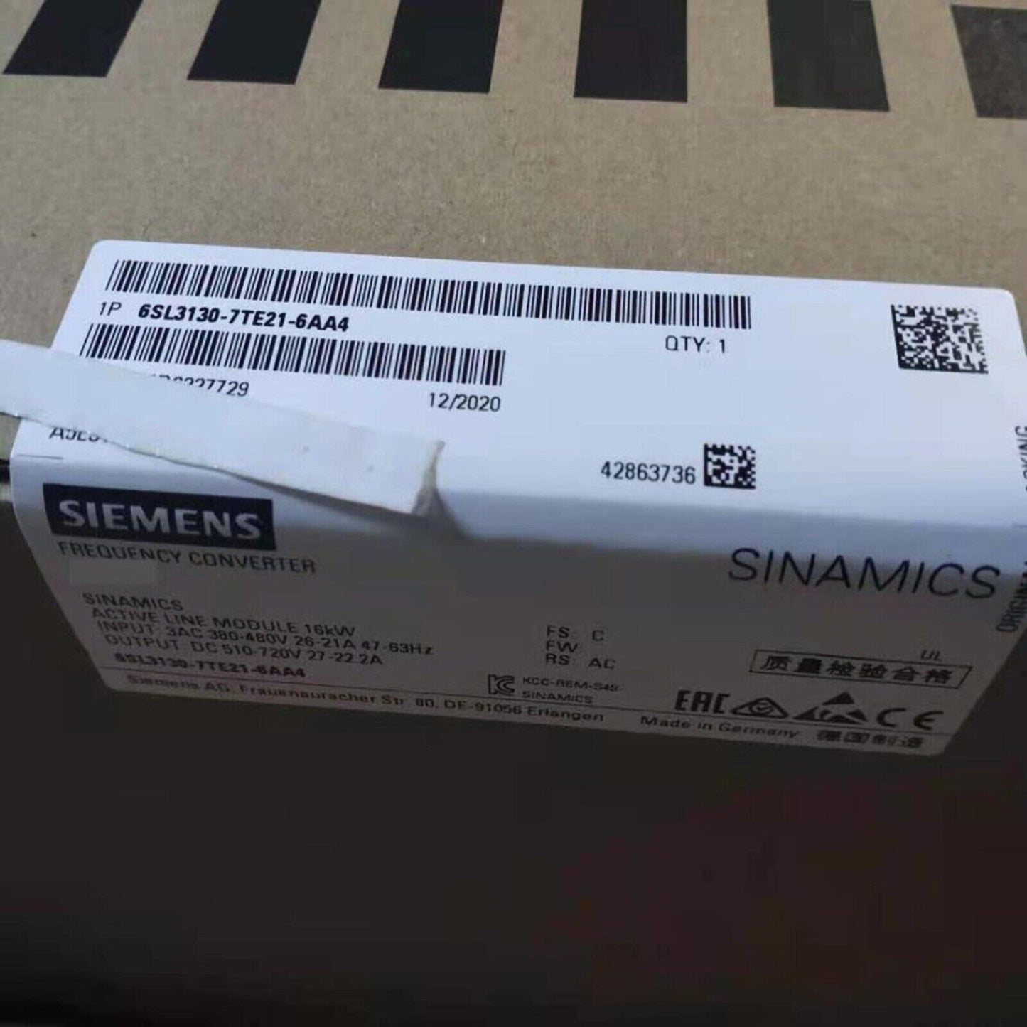 Siemens SINAMICS S120 6SL3130-7TE21-6AA4 Active Line Module box with product details. Industrial automation part.