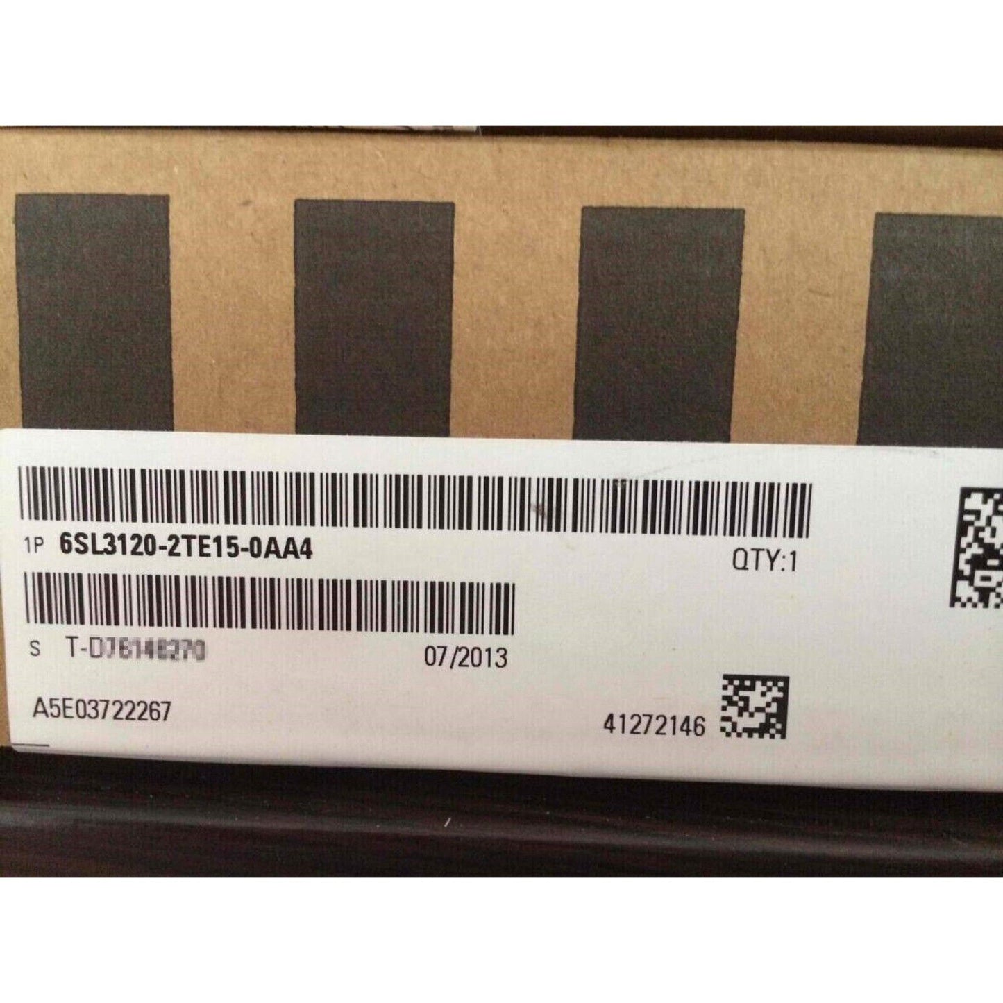 Siemens SINAMICS S120 6SL3120-2TE15-0AA4 Double Motor Module label with barcodes and part information.