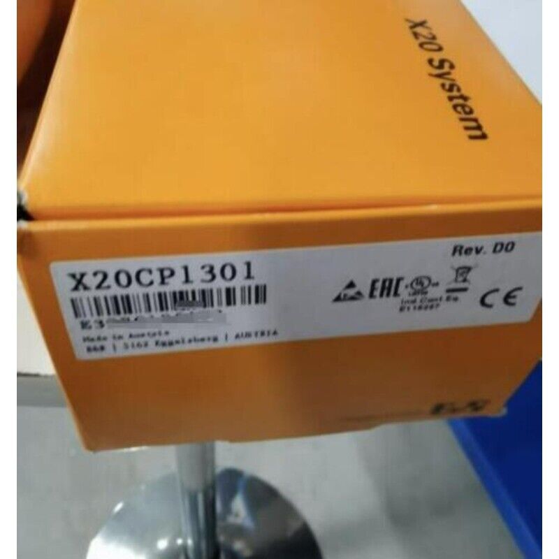B&R X20CP1301 PLC module in orange packaging, brand new, featuring the X20 System label, and product certification labels.
