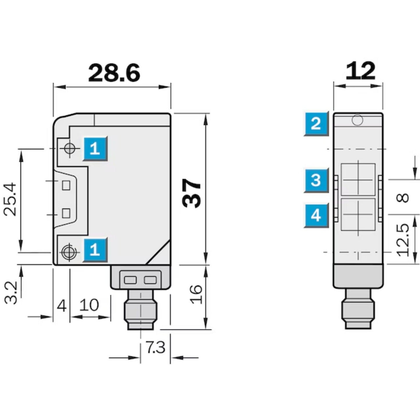 WL170-P430 photoelectric switch, dimensional drawing with labeled measurements for industrial automation.
